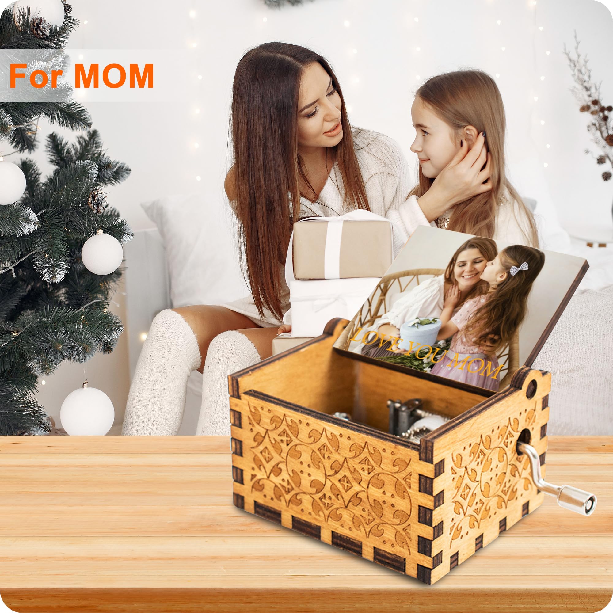 Custom Music Box Gifts for Woman Men Personalize Hand Crank Wooden Musical Boxes, Add Your Photo Name LOGO Image Suitable for Birthday Christmas Thanksgiving Mother's Day Keepsake
