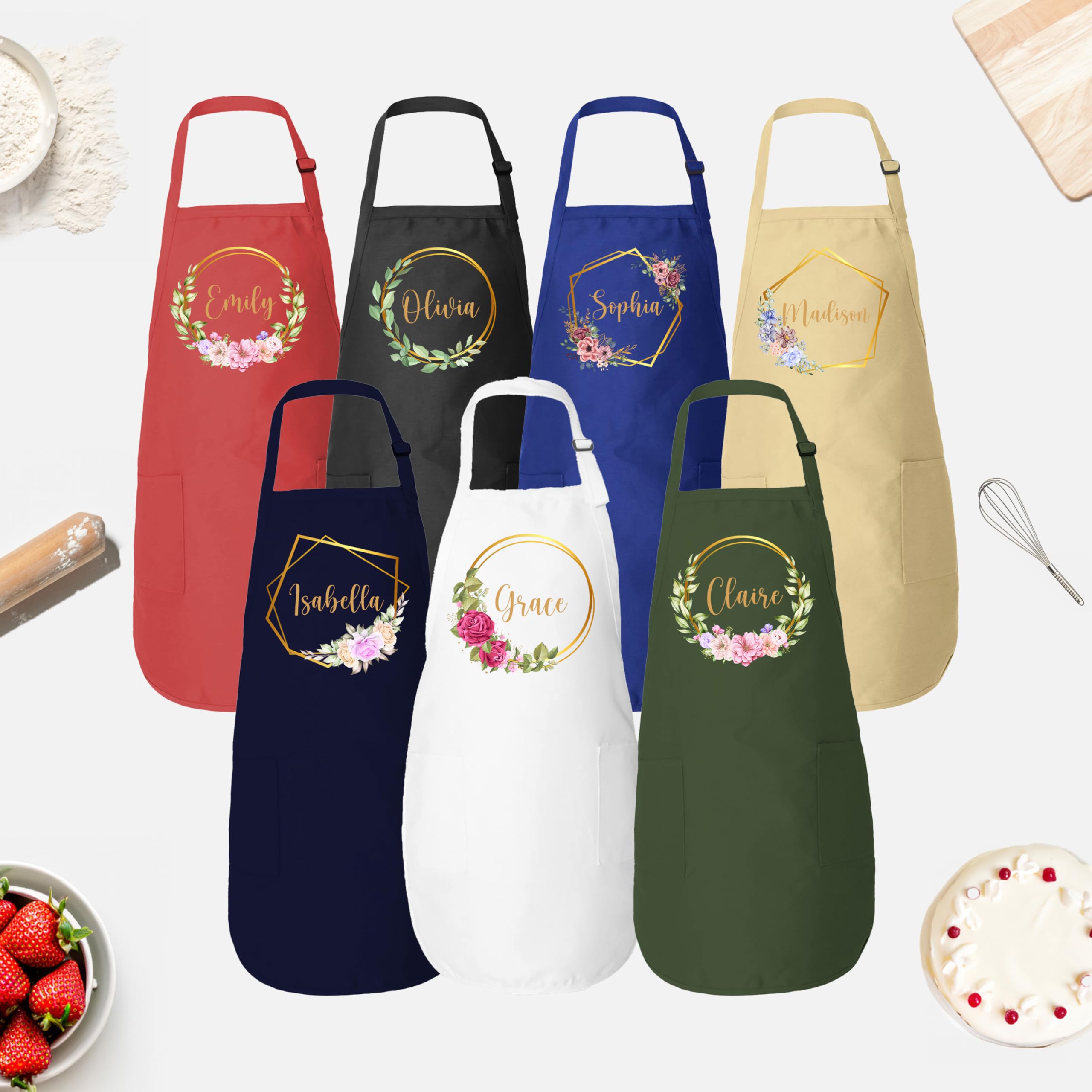 ROKO CLOTHING Personalized Apron Floral Initials Design Name Text with Pockets - Custom Name Kitchen Aprons Women, Gift for Baking, Cooking, BBQ, Gardening, Adjustable Neck & Waist