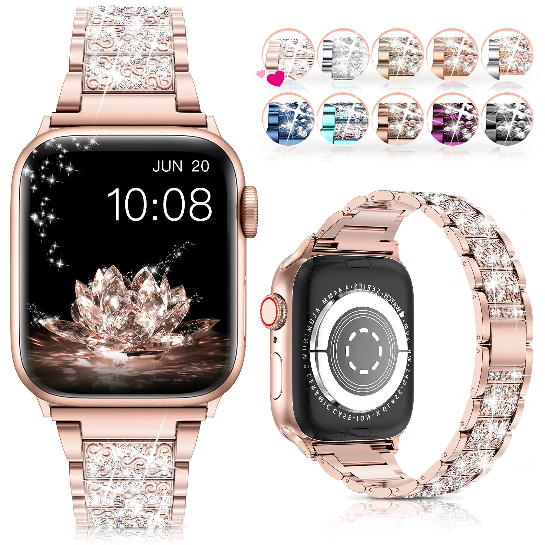 LELONG Compatible with Apple Watch Band 38mm 40mm 41mm Series 9 8 7 6 5 4 3 2 1 SE Ultra for women, Bling Replacement Bracelet iWatch Band, Sparkle Diamond Rhinestone Stainless Steel Metal Wristband