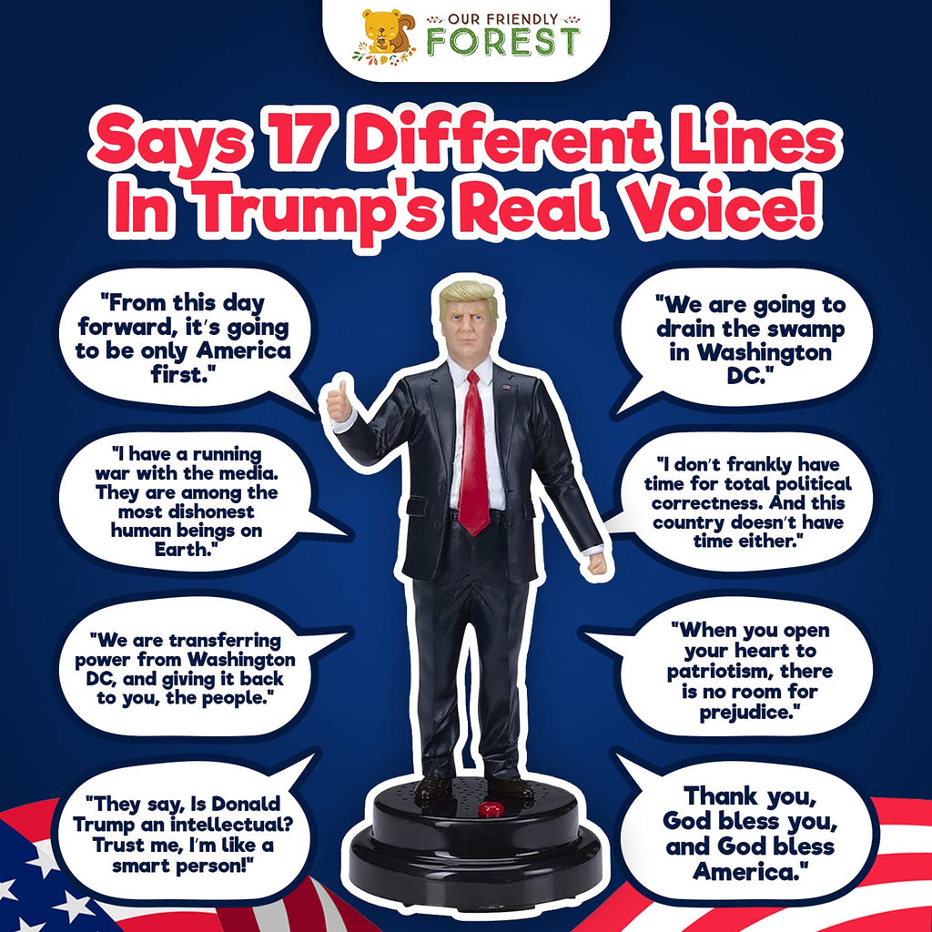OUR FRIENDLY FOREST Talking Donald Trump Figure - Multiple Lines in Real Voice, Patriotic Desktop Collection, USA Bobblehead, Political Office Desk Decor, American Novelty Present