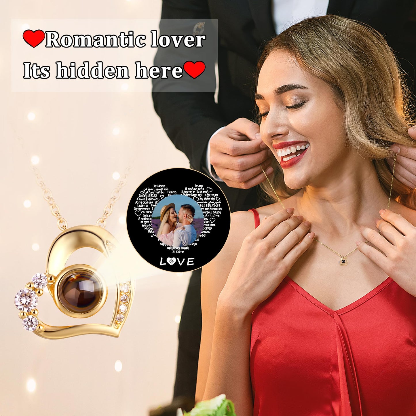 Craftdiam Personalized Picture Necklace Projection Necklace with Photo Inside - Custom Photo Pendant Necklace - 18K Real Gold Plating-for Mom Wife Valentines Love Memorial Gifts for Anniversary