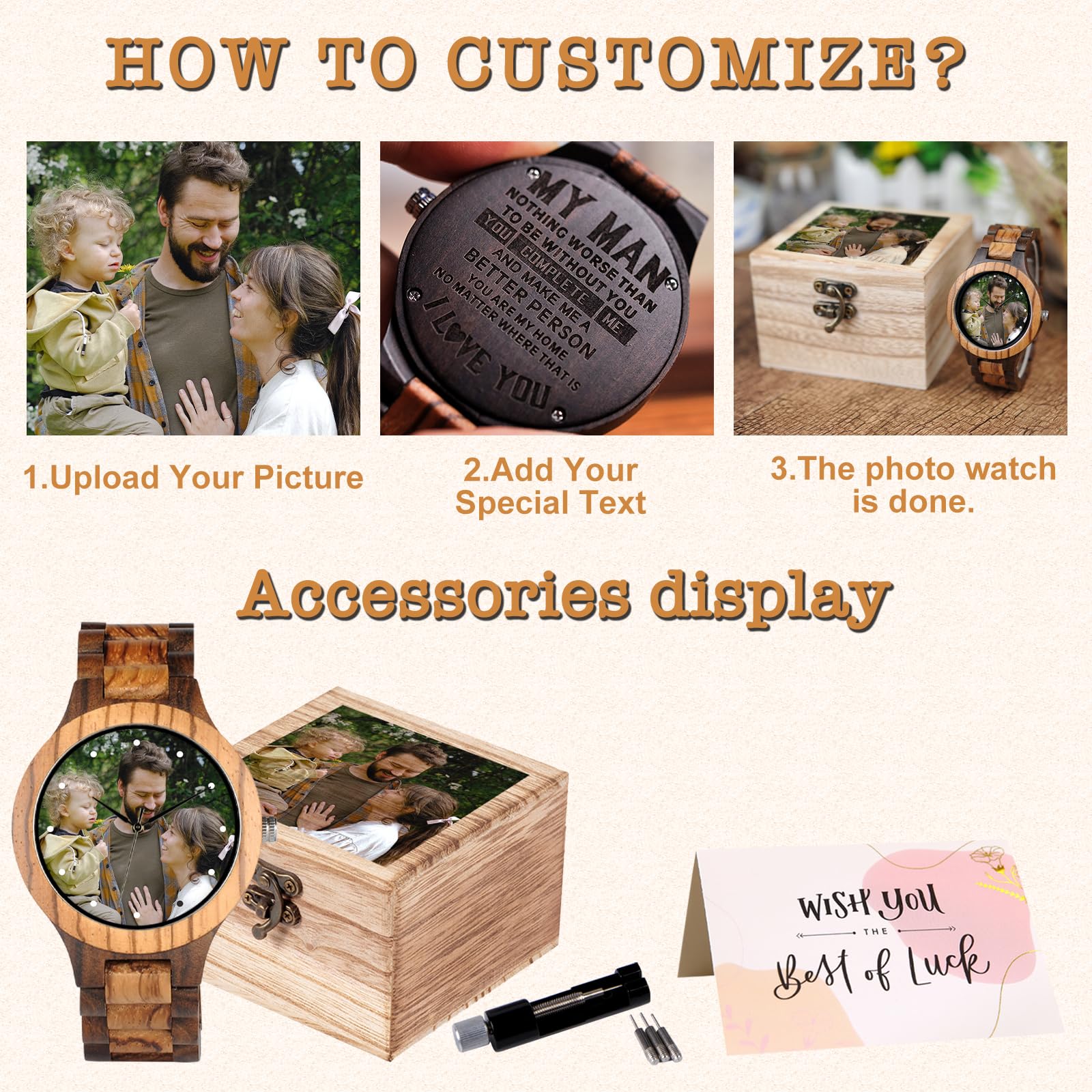 Personalized Customized Wooden Watch for Men Original Engraved Photo Natural Wood Watches with Adjustable Wristband for Birthday Anniversary Present for Husband Dad Son or Boyfriend (Colorful)