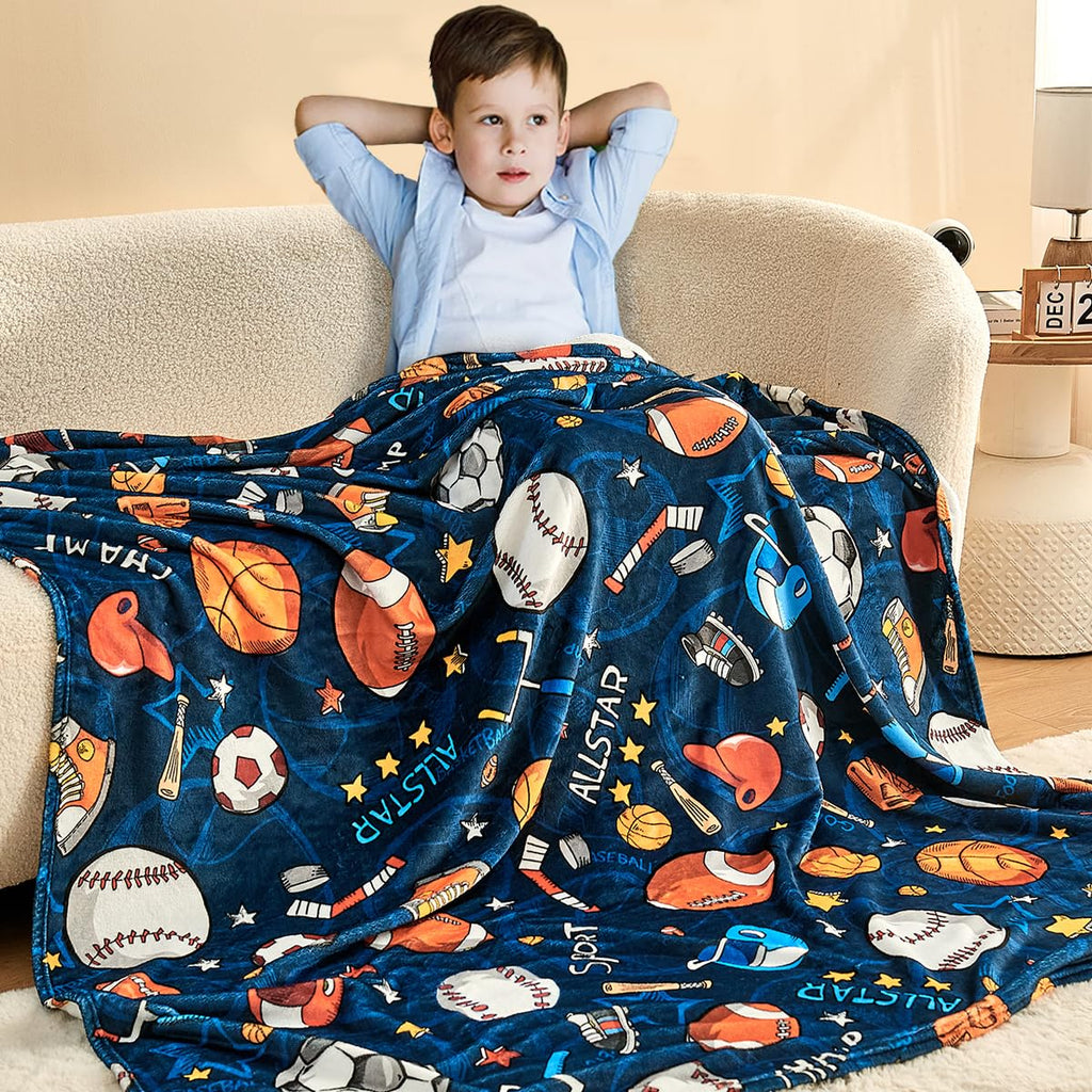 Wajade Sports Blanket for Boys,Soft Fleece 3D Soccer Basketball Baseball Football Kids Blanket for Couch Sofa Bedroom, Fuzzy Blanket and Throws Ball Blanket for Kids Boys Teens,50"x60"