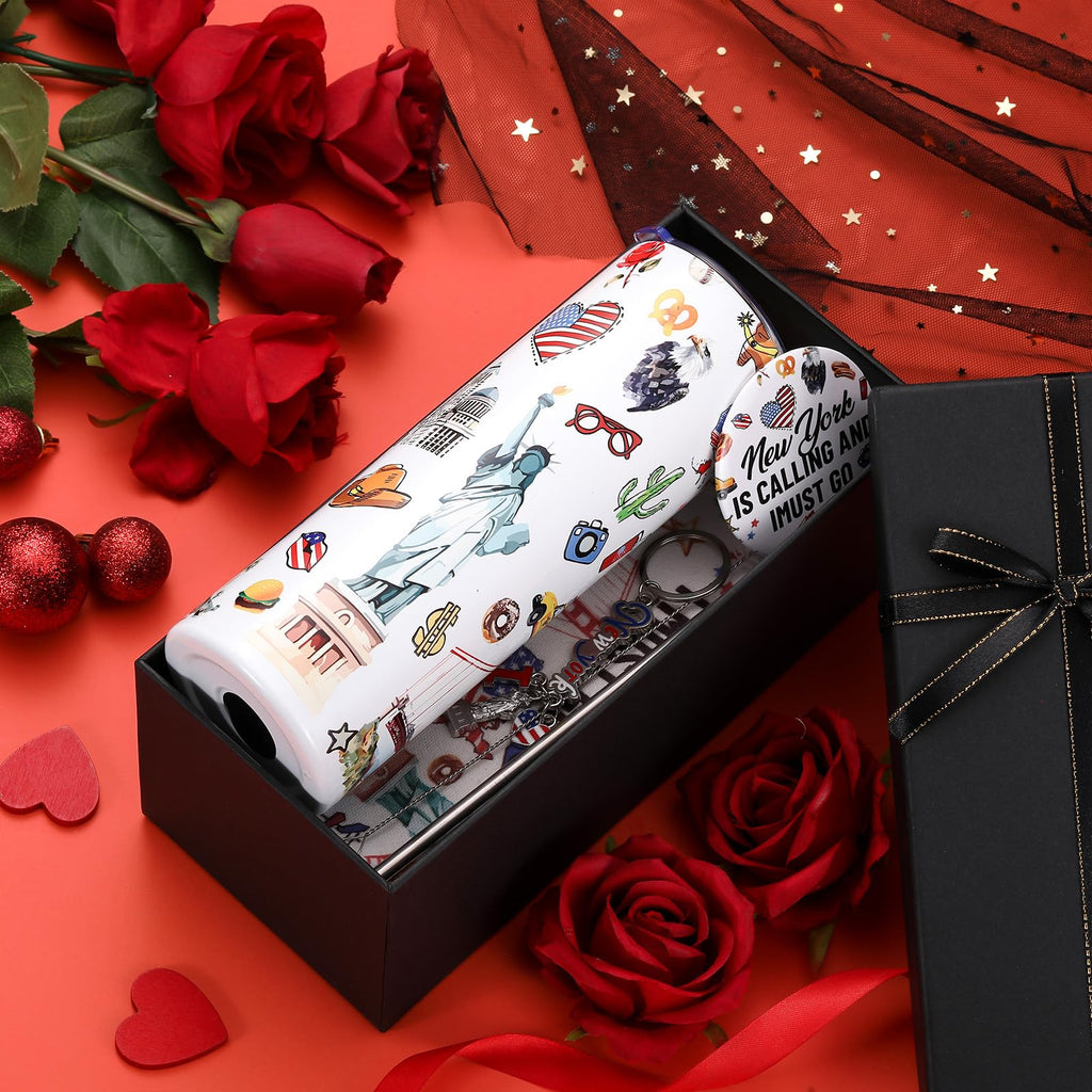 Sieral 5 Pcs New York Travel Gift New York Lover USA Themed Gifts Includes Makeup Bag Thermal Cup Keychain Mirror for Traveler Women Friend Sister Birthday Christmas Party