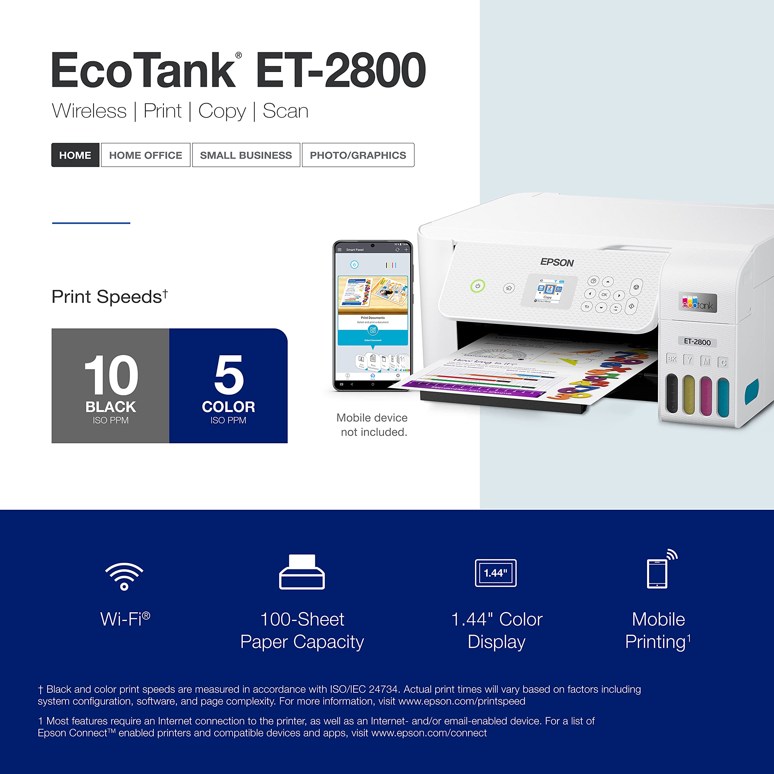 Epson EcoTank ET-2800 Wireless Color All-in-One Cartridge-Free Supertank Printer with Scan and Copy â€“ The Ideal Basic Home Printer - White, Medium