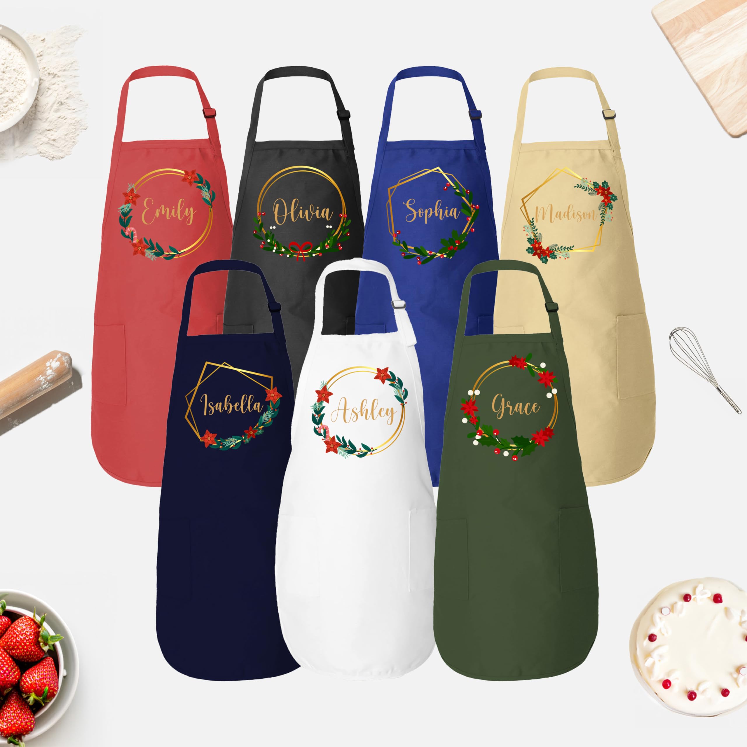 ROKO CLOTHING Personalized Apron Floral Initials Design Name Text with Pockets - Custom Name Kitchen Aprons Women, Gift for Baking, Cooking, BBQ, Gardening, Adjustable Neck & Waist