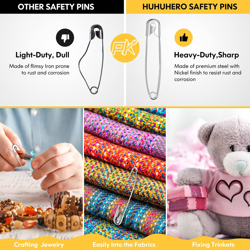 Huhuhero 340 Pack Safety Pins Assorted, 5 Different Sizes Small and Large Pins, Safety Pin for Clothes Costume Sewing, Nickel Plated Steel Bulk, Arts and Crafts Supplies, Silver