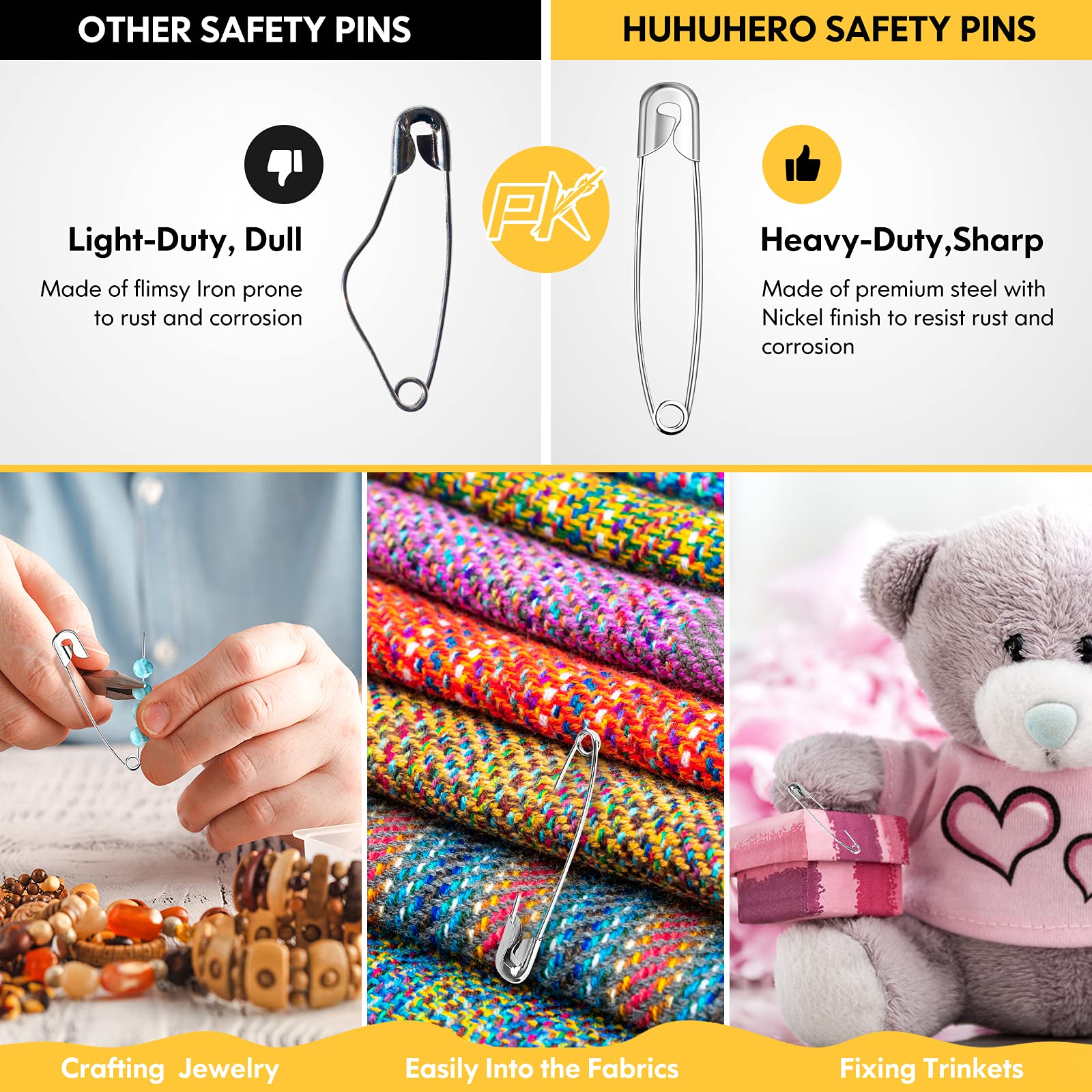 Huhuhero 340 Pack Safety Pins Assorted, 5 Different Sizes Small and Large Pins, Safety Pin for Clothes Costume Sewing, Nickel Plated Steel Bulk, Arts and Crafts Supplies, Silver