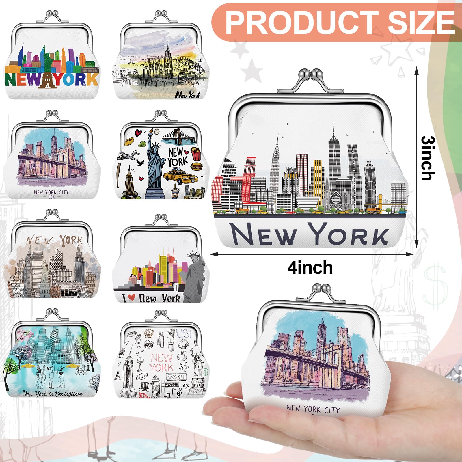 Yeyeplum 9 Pcs New York Souvenir Coin Purse for Girls Women Souvenir Change Wallet Gifts City Travel Vintage Kiss Lock Change Purses Bulk for Ladies Women Mother Teacher