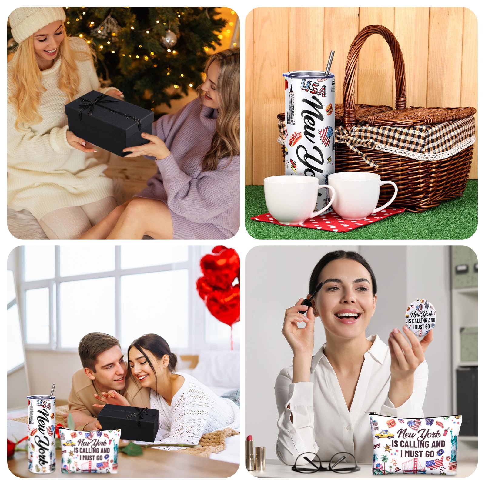 Sieral 5 Pcs New York Travel Gift New York Lover USA Themed Gifts Includes Makeup Bag Thermal Cup Keychain Mirror for Traveler Women Friend Sister Birthday Christmas Party