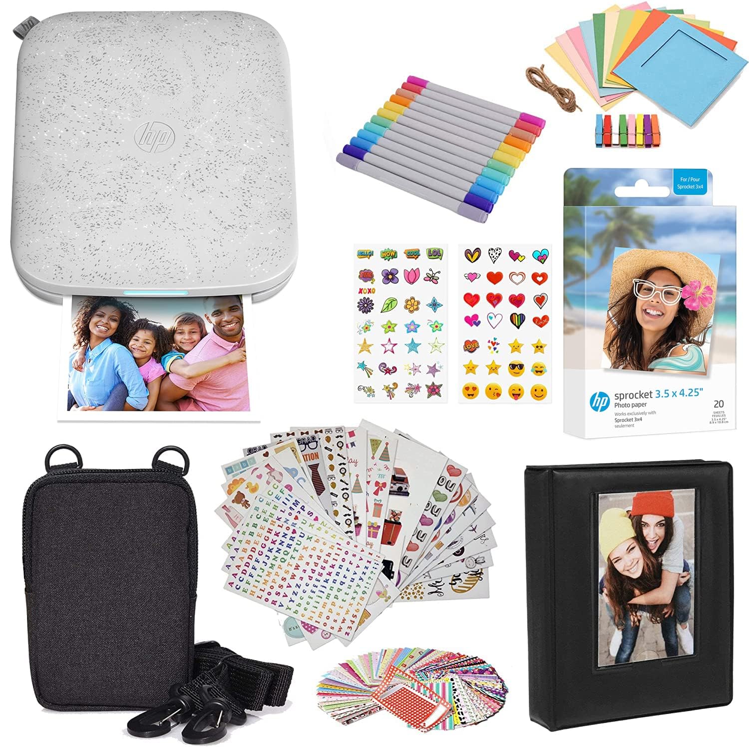 HP Sprocket 3x4 Instant Photo Printer - Kit: 20 Pack Zink Paper, Case, Photo Album, Markers, Sticker Sets, White