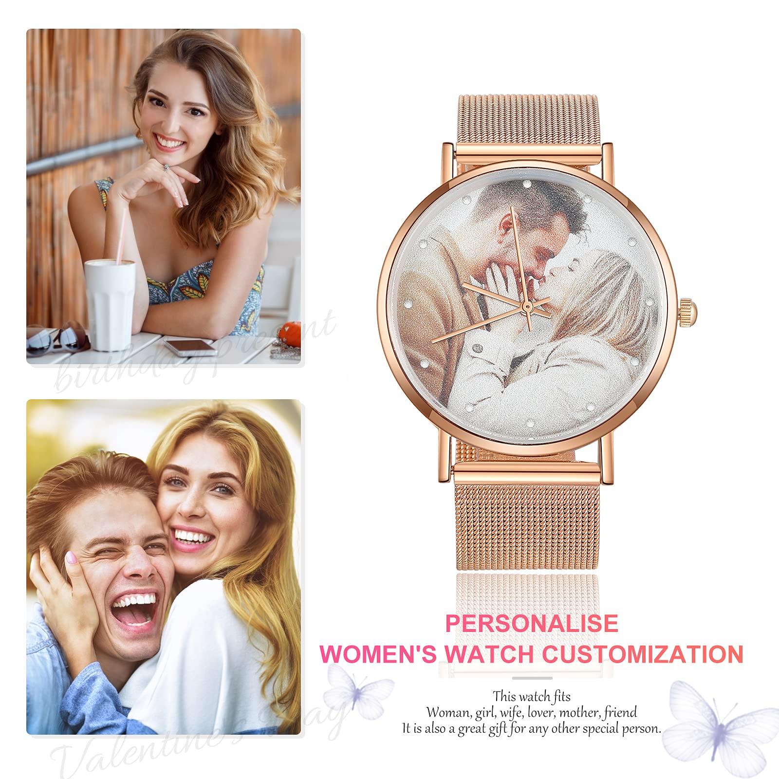 OPALSTOCK Personalized Watch Engraved Words Photo Wrist Watches Leather Strap Handmade Couple Watch Customized Father's Mother's Groom Gift (rose gold)
