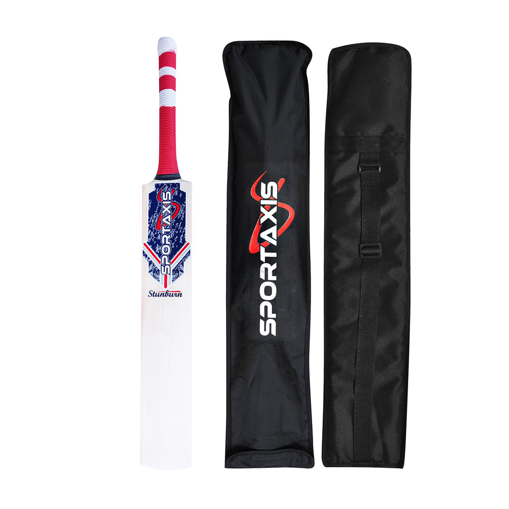 SPORTSAXIS Stunburn Grade 1 Kashmir Willow Cricket Bat - Rubber Grip, Semi Round Bottom - Full Size for Powerful Strikes - Ideal Training - Practice for Home/Club Play/Beach/Backyard Cricket