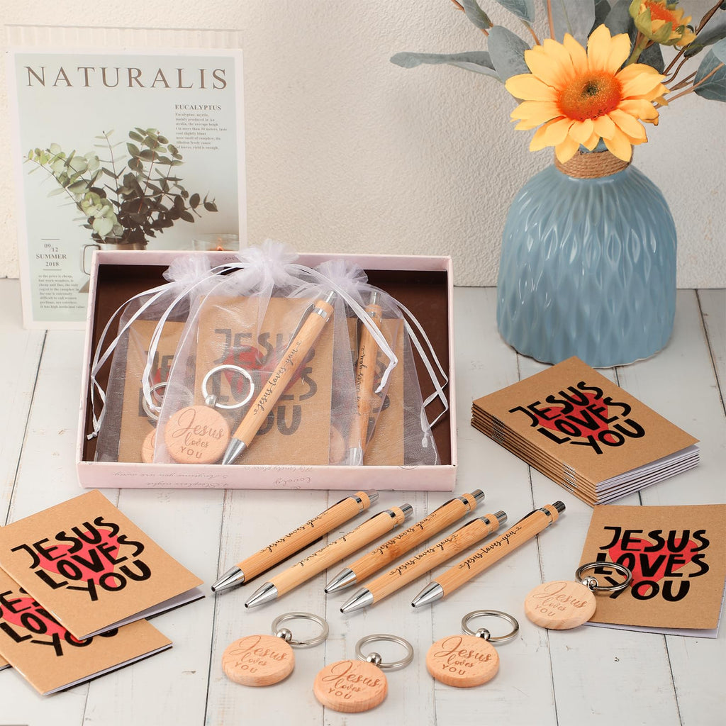 Tenceur 20 Sets Christian Gift Bulk Include Jesus Loves You Sign Inspirational Prayer Notepad Bible Bamboo Pen Religious Keychain with Organza Bags Church Party Favors for Sunday School