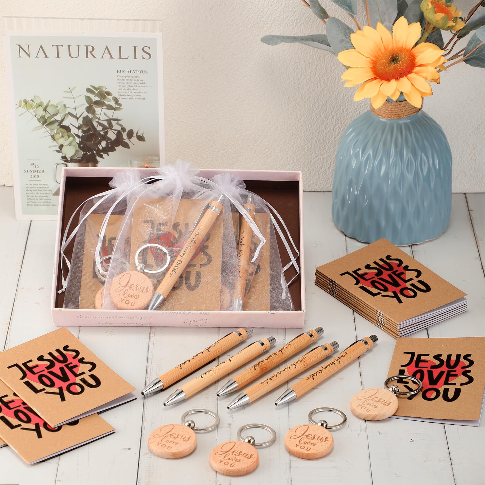 Tenceur 20 Sets Christian Gift Bulk Include Jesus Loves You Sign Inspirational Prayer Notepad Bible Bamboo Pen Religious Keychain with Organza Bags Church Party Favors for Sunday School