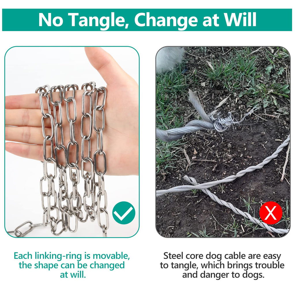 Tresbro Heavy Duty Dog Chains for Outside, 15FT Stainless Steel Tie Out Cable with Swivel Hook for Small Medium Dogs, Metal Chew Proof Pet Runner Chain Leash Lead for Outdoor Camping Hiking Yard, 3MM