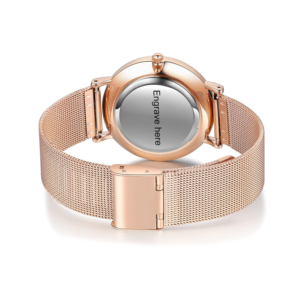 OPALSTOCK Personalized Watch Engraved Words Photo Wrist Watches Leather Strap Handmade Couple Watch Customized Father's Mother's Groom Gift (rose gold)