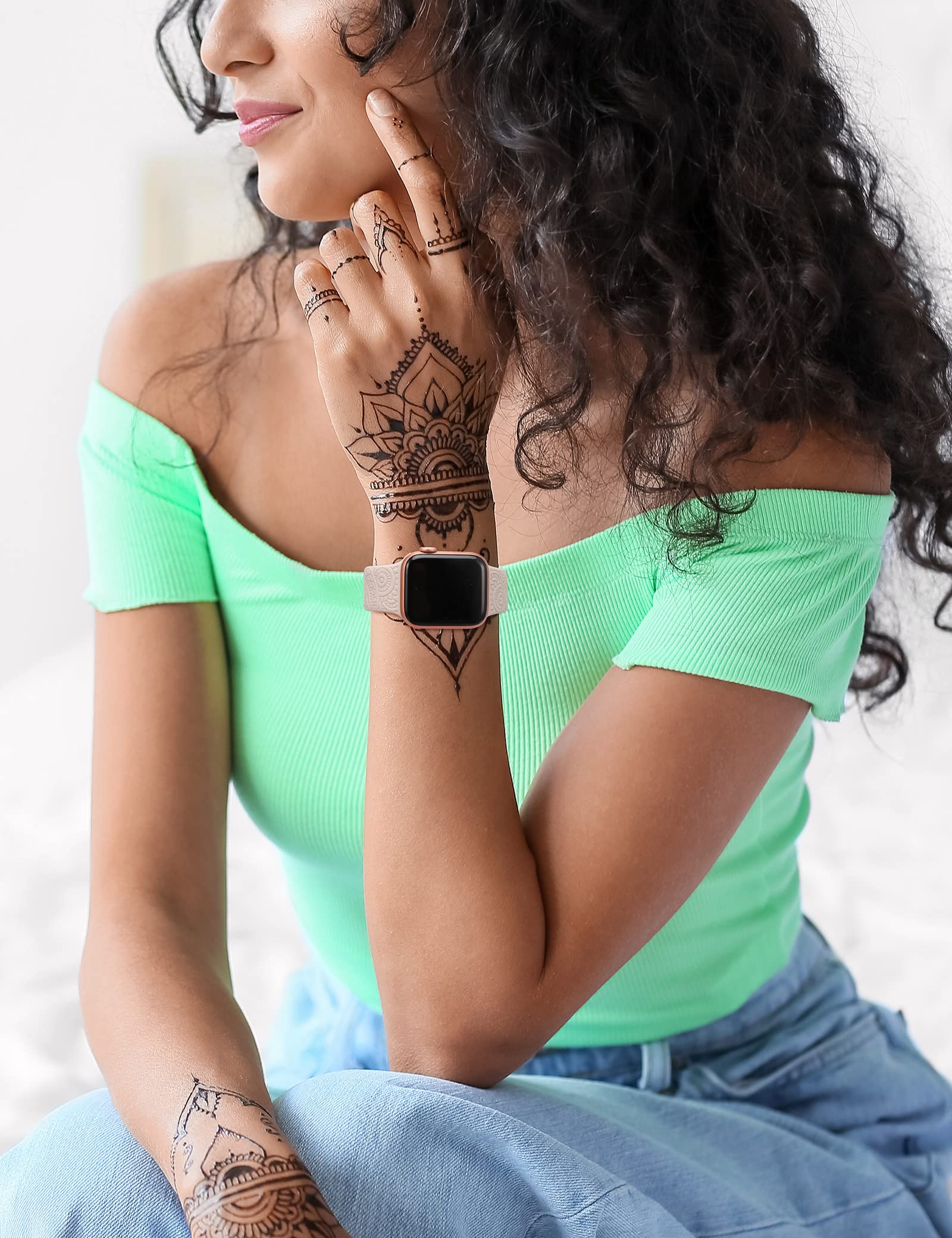 TOYOUTHS Boho Engraved Band Compatible with Apple Watch Band 42mm 41mm 40mm 38mm Women Men, Bohemian Designer Sport Soft Silicone Fancy Dressy Fashion Straps for iWatch Series 10/9/SE/8/7/6/5/4/3/2/1