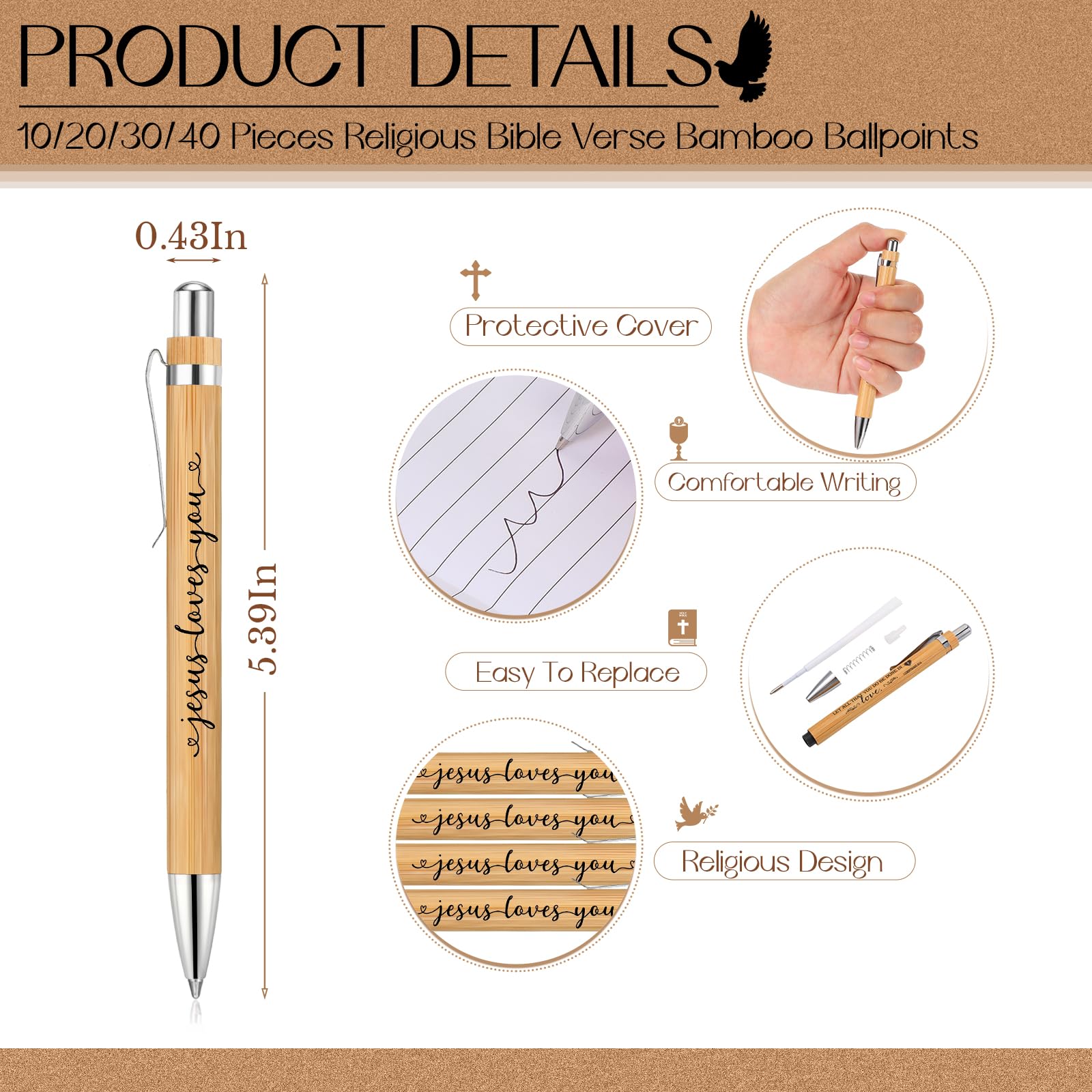 Tenceur 20 Sets Christian Gift Bulk Include Jesus Loves You Sign Inspirational Prayer Notepad Bible Bamboo Pen Religious Keychain with Organza Bags Church Party Favors for Sunday School