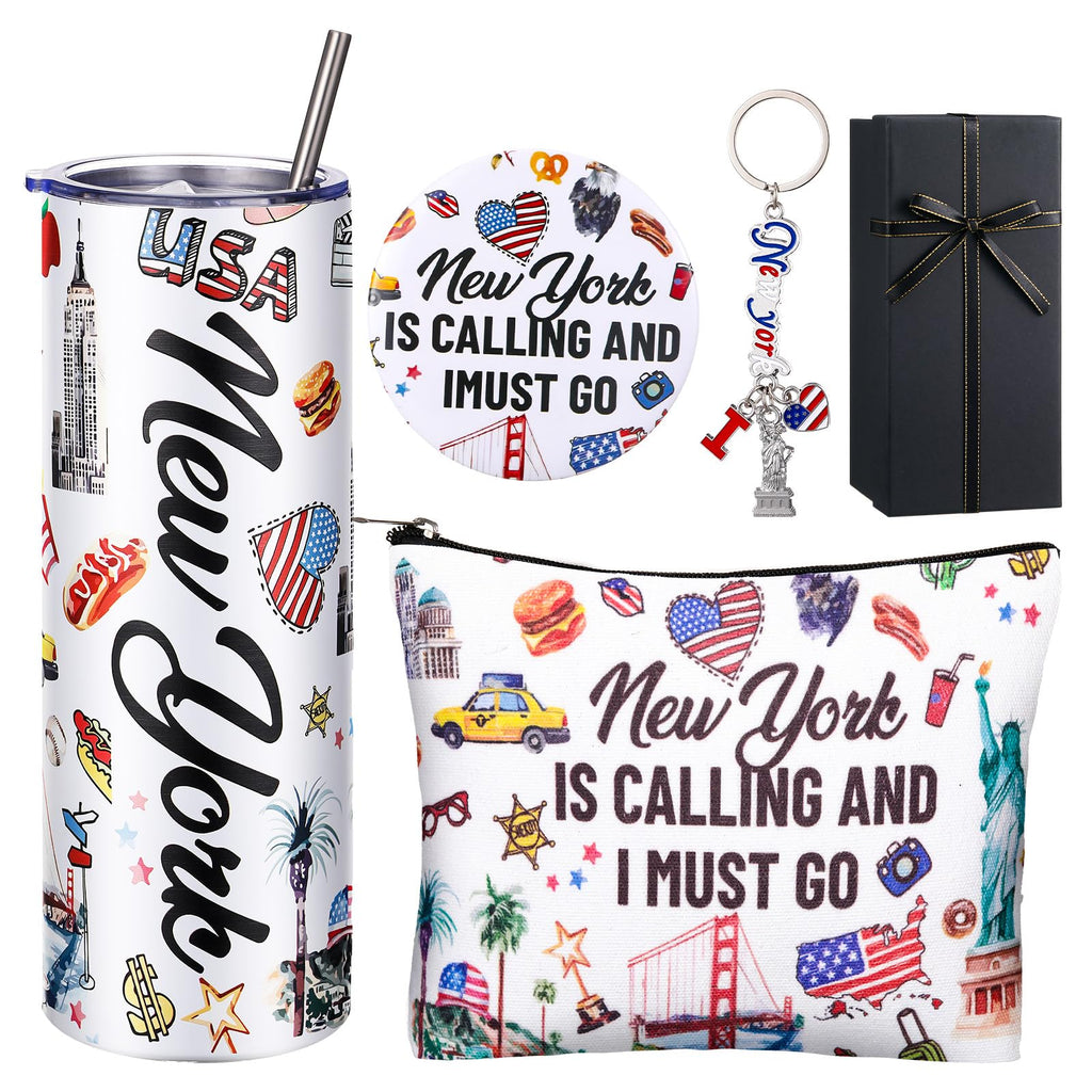 Sieral 5 Pcs New York Travel Gift New York Lover USA Themed Gifts Includes Makeup Bag Thermal Cup Keychain Mirror for Traveler Women Friend Sister Birthday Christmas Party