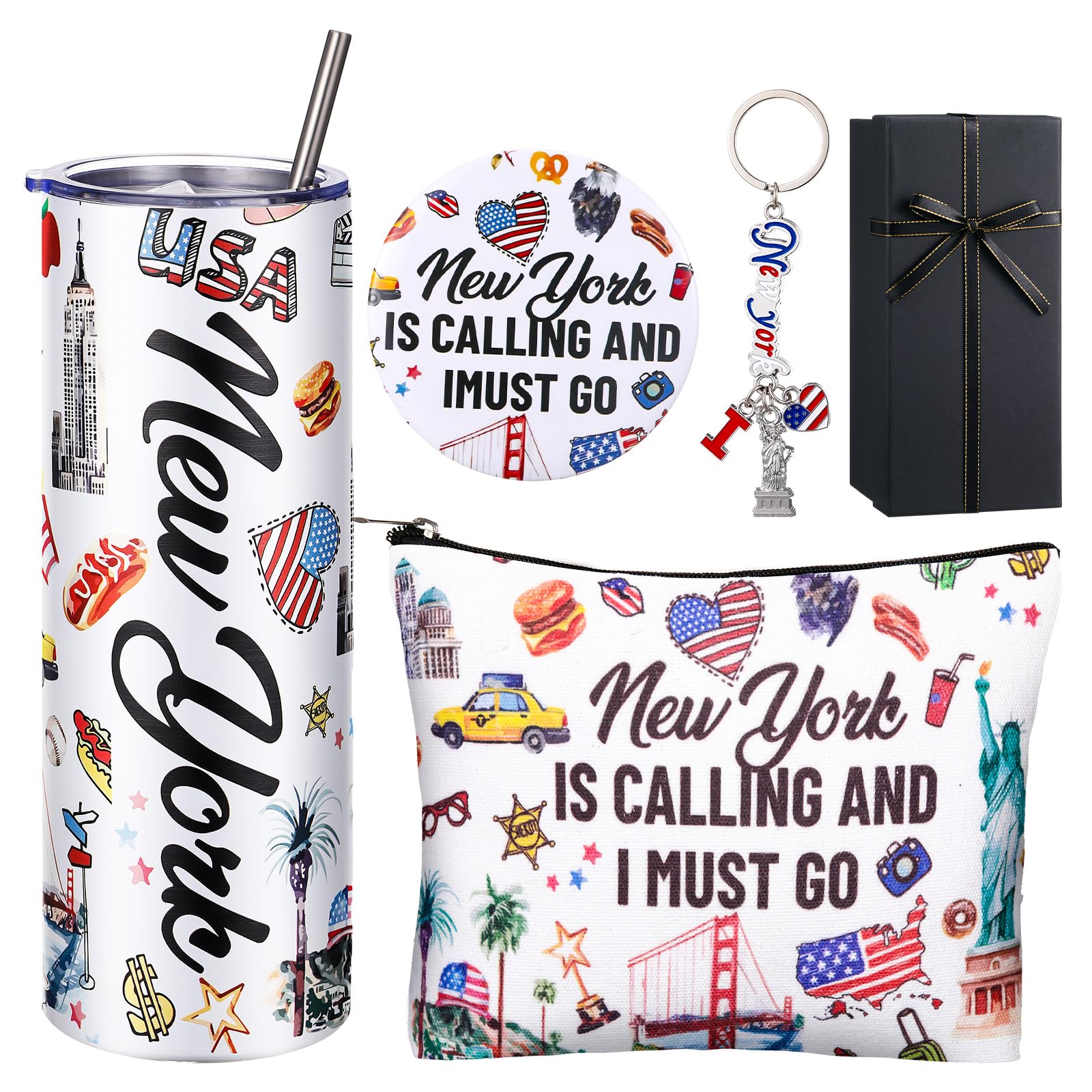 Sieral 5 Pcs New York Travel Gift New York Lover USA Themed Gifts Includes Makeup Bag Thermal Cup Keychain Mirror for Traveler Women Friend Sister Birthday Christmas Party