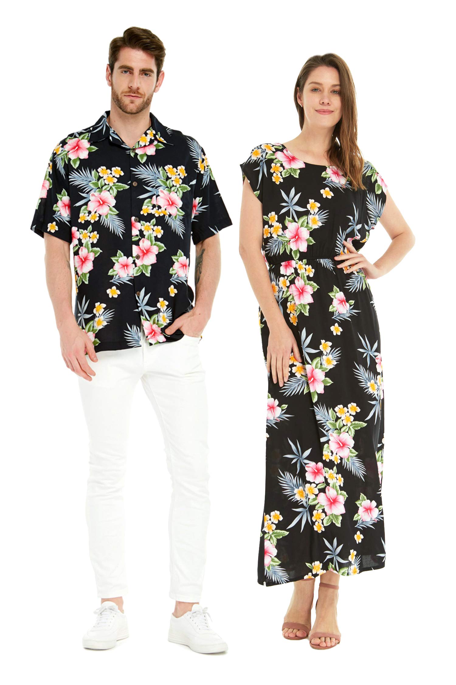 Matchable Couple Hawaiian Luau Shirt in Hibiscus Black, Men, S