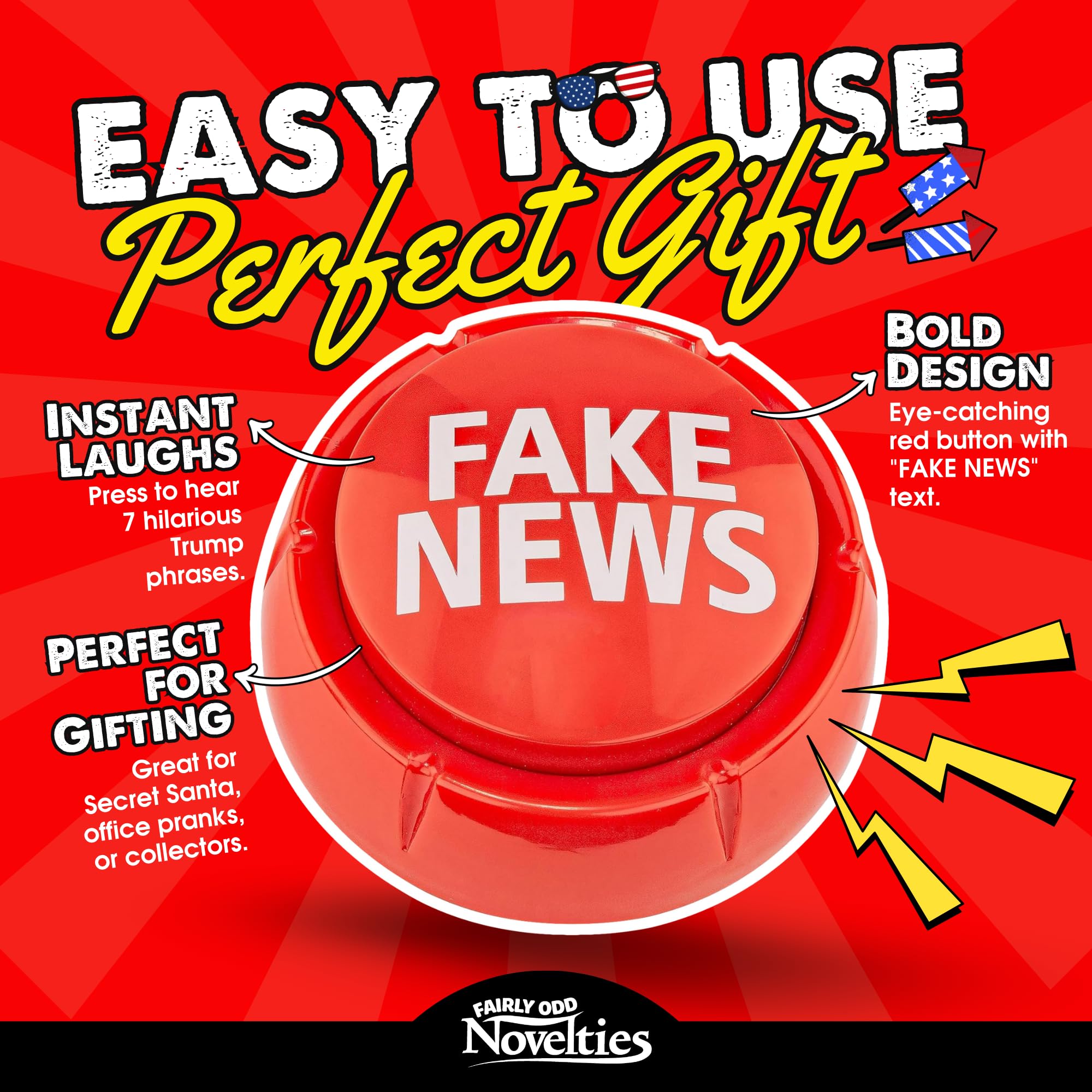 Fairly Odd Novelties Trumped Up Fake News Button - 7 Hilarious Donald Trump Sayings for Political Humor - Red, A Must-Have for Parties and Office Fun!
