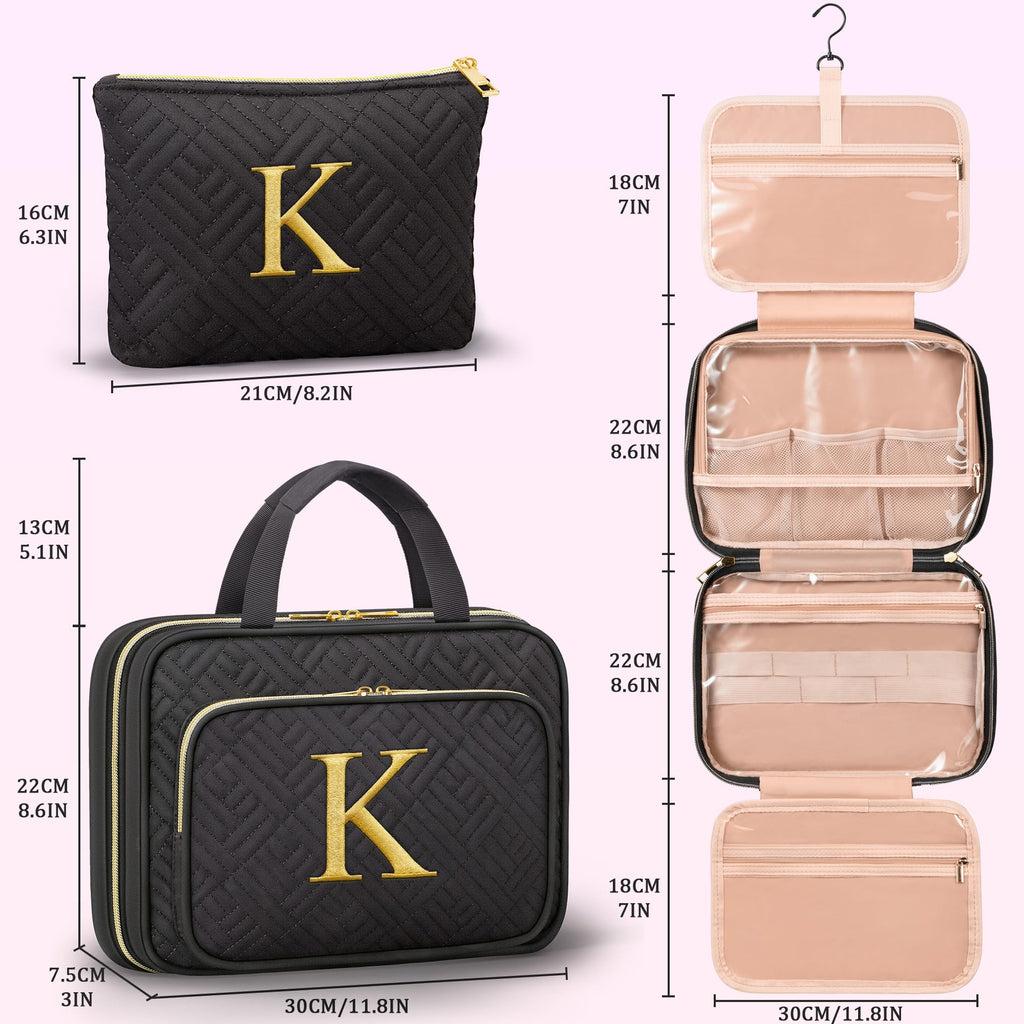 Gifts for Women - Initial Toiletry Bag & Makeup Bag Hanging Travel Organizer Cosmetic Bag with Embroidery Letter Personalized Birthday Valentines Day Gift for Mom Sister Teacher Her Wife Friend Auntie