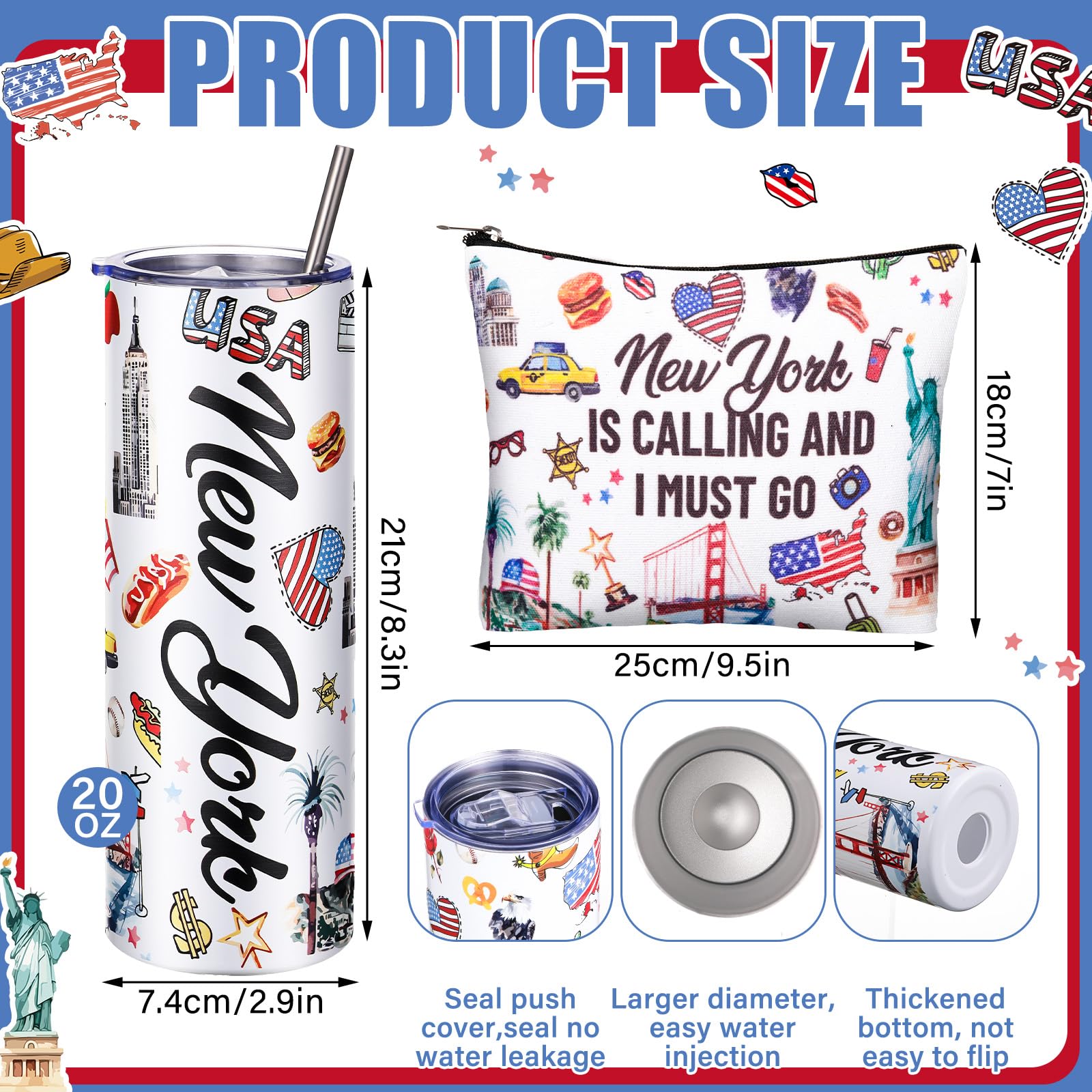 Sieral 5 Pcs New York Travel Gift New York Lover USA Themed Gifts Includes Makeup Bag Thermal Cup Keychain Mirror for Traveler Women Friend Sister Birthday Christmas Party