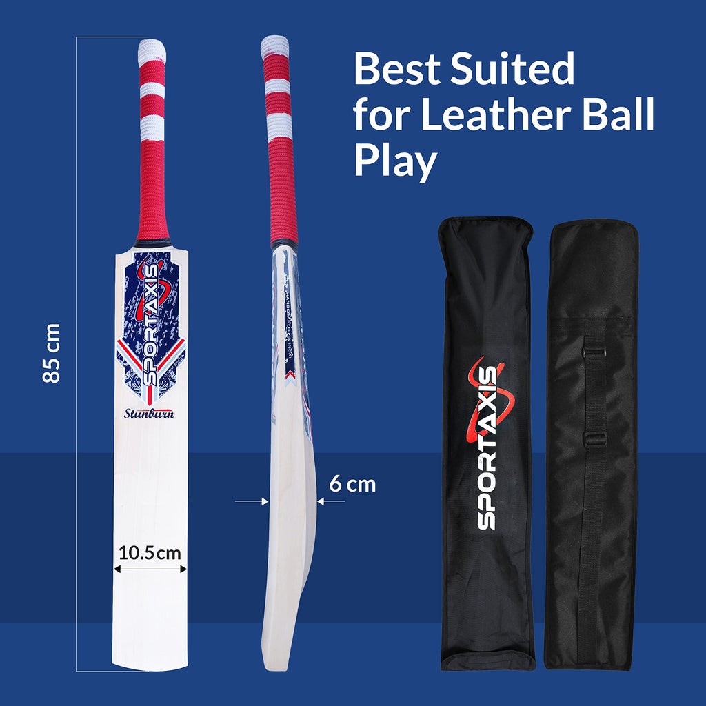 SPORTSAXIS Stunburn Grade 1 Kashmir Willow Cricket Bat - Rubber Grip, Semi Round Bottom - Full Size for Powerful Strikes - Ideal Training - Practice for Home/Club Play/Beach/Backyard Cricket