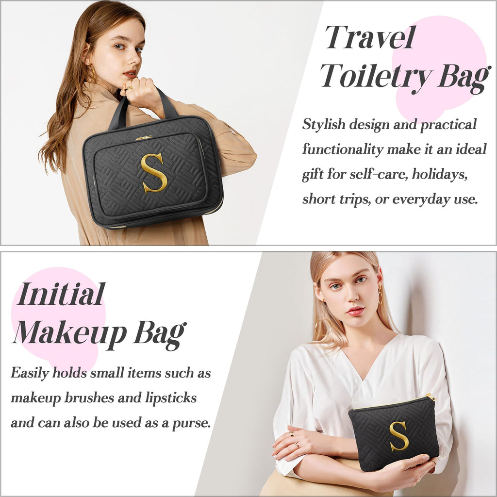 Gifts for Women - Initial Toiletry Bag & Makeup Bag Hanging Travel Organizer Cosmetic Bag with Embroidery Letter Personalized Birthday Valentines Day Gift for Mom Sister Teacher Her Wife Friend Auntie