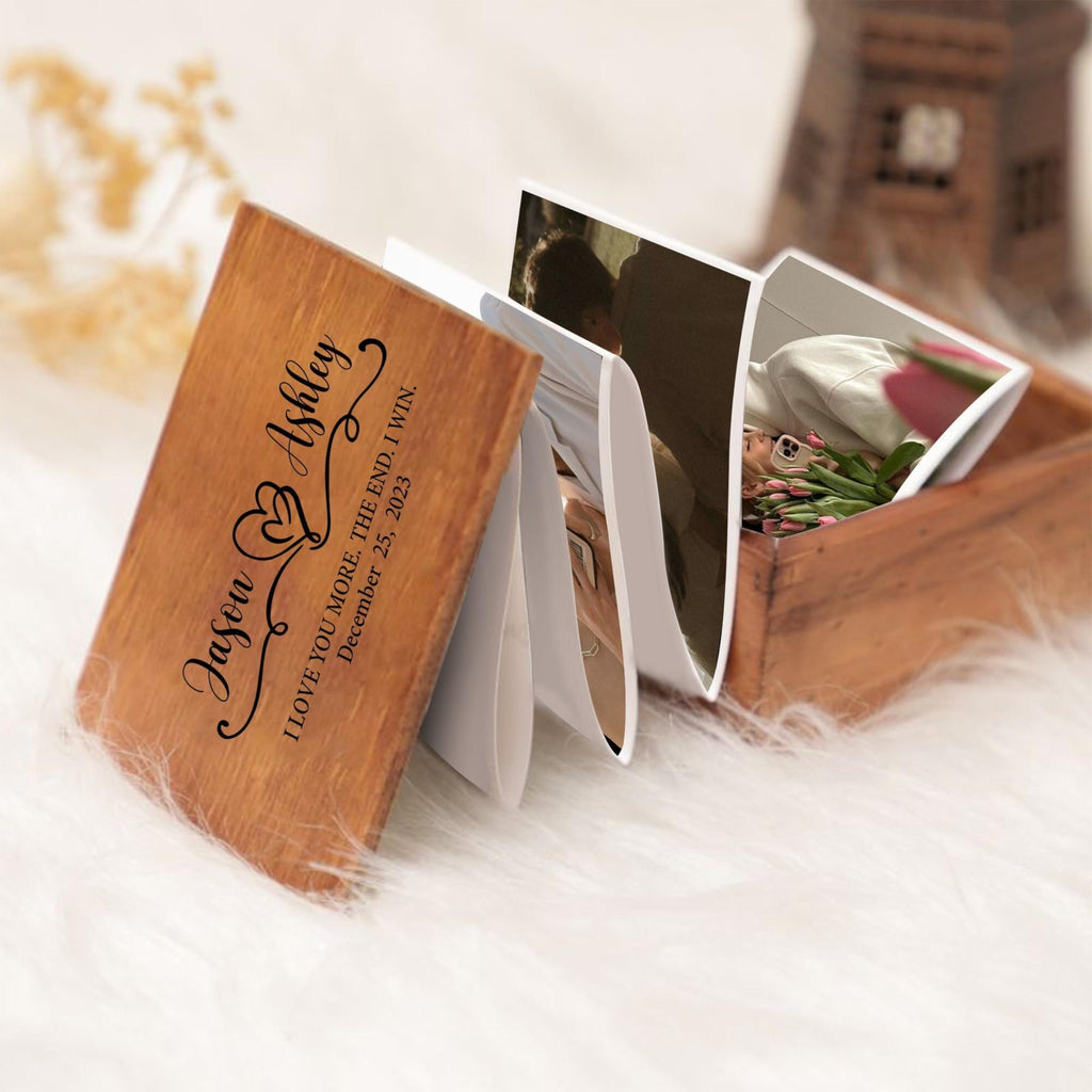 Personalized Pull Out Photo Wooden Box, Memory Keepsake Box, Custom Wooden Picture Box, Mini Photo Album Collection Gift, Memory Collection Gift, Christmas Gifts, Valentine Day Gifts For Him & Her