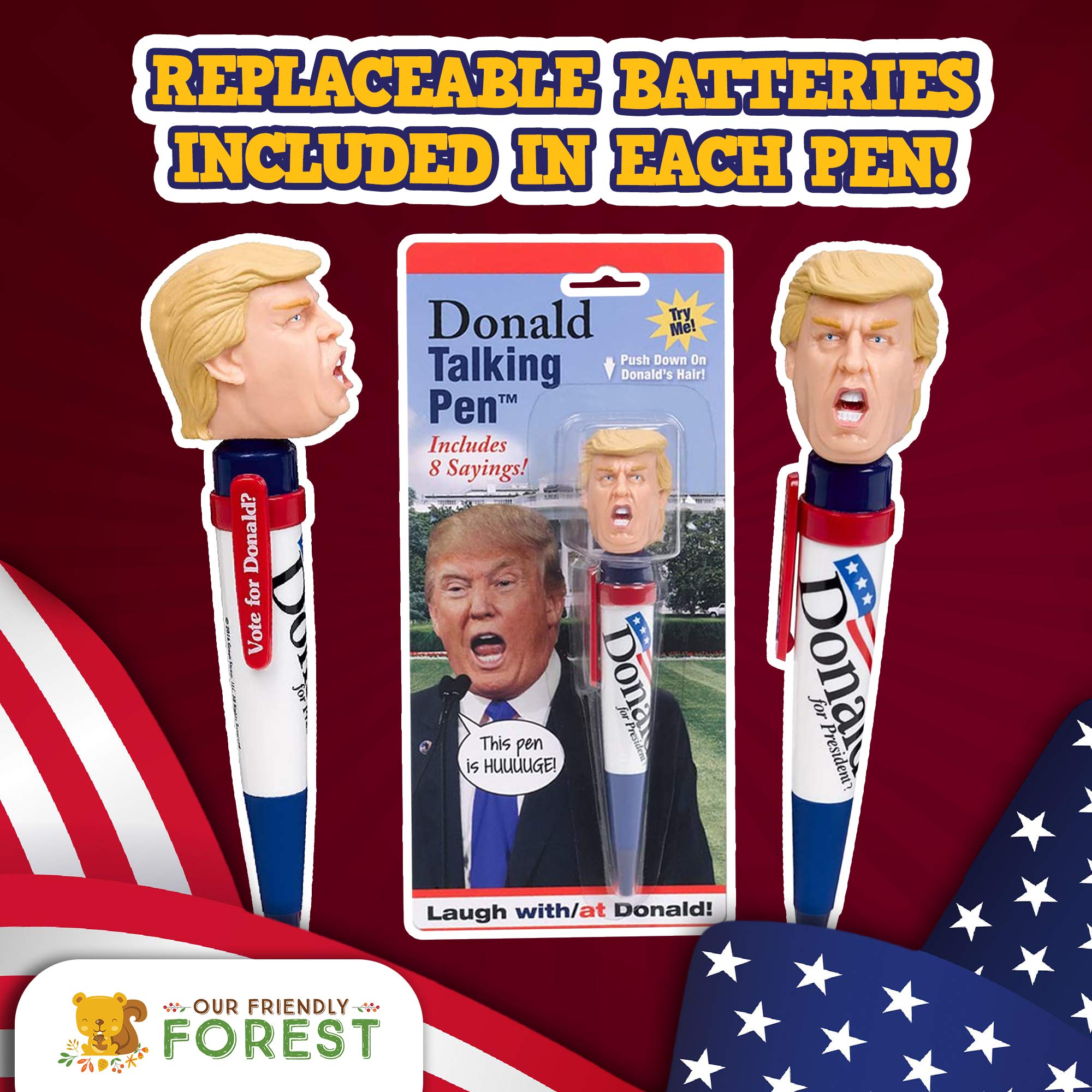 OUR FRIENDLY FOREST Talking Donald Trump Pen - Collectible Edition - Multiple Authentic Voice Recordings - Patriotic Desktop Memorabilia, Republican Present for Fathers