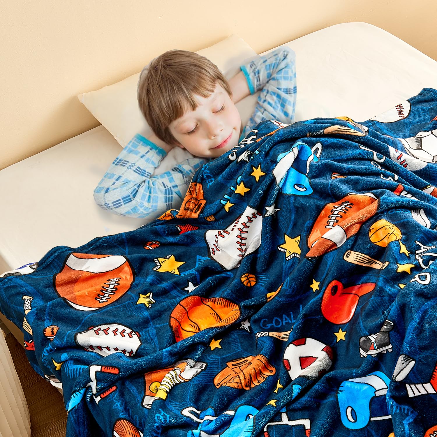 Wajade Sports Blanket for Boys,Soft Fleece 3D Soccer Basketball Baseball Football Kids Blanket for Couch Sofa Bedroom, Fuzzy Blanket and Throws Ball Blanket for Kids Boys Teens,50"x60"