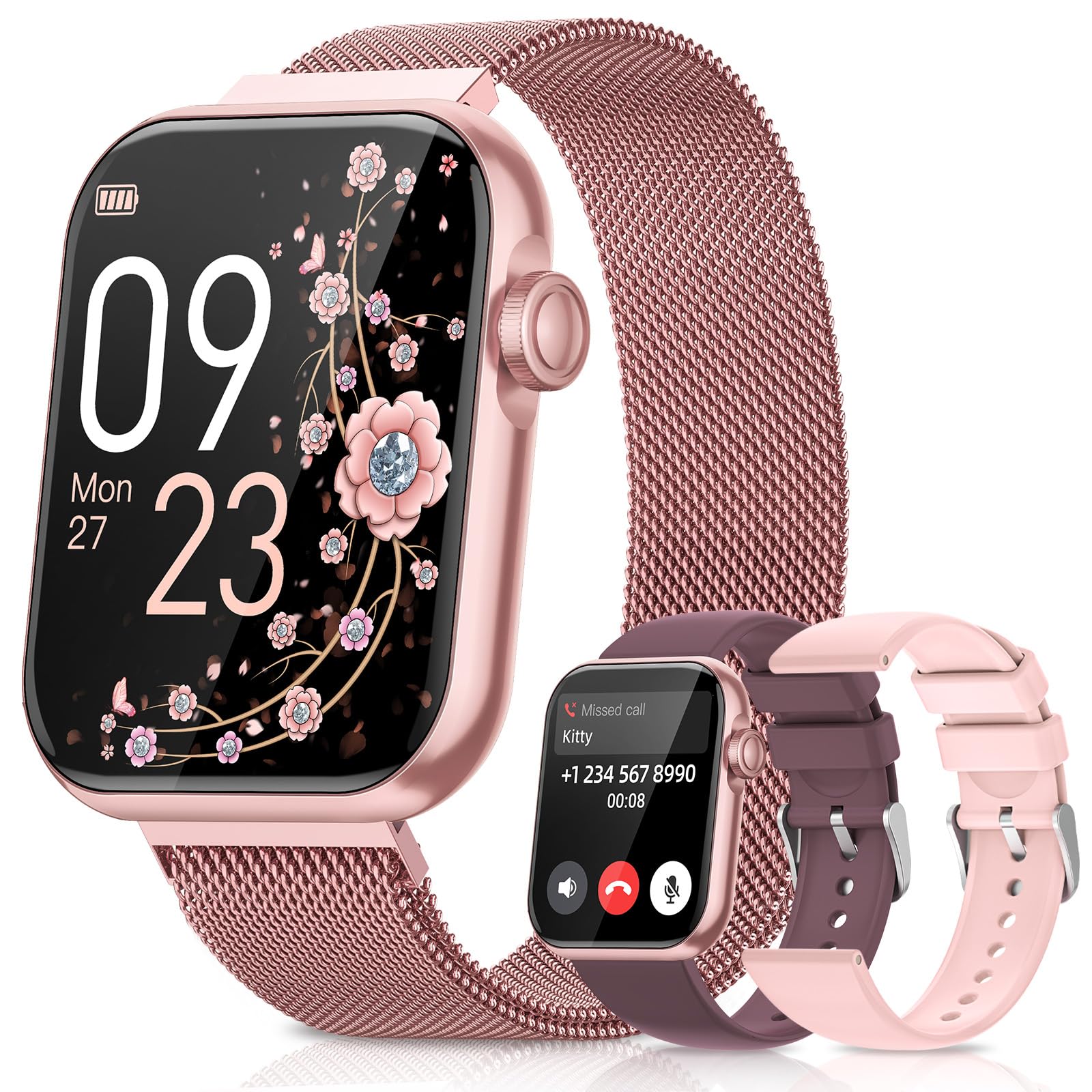 Smart Watches for Women,Fitness Tracker Smartwatch for Android Phones/iPhone Compatible,1.85" Womens Watch with Blood Pressure Monitor,Calls and Messages/Heart Rate/Sleep/Female Cycle(3 Watch Bands)