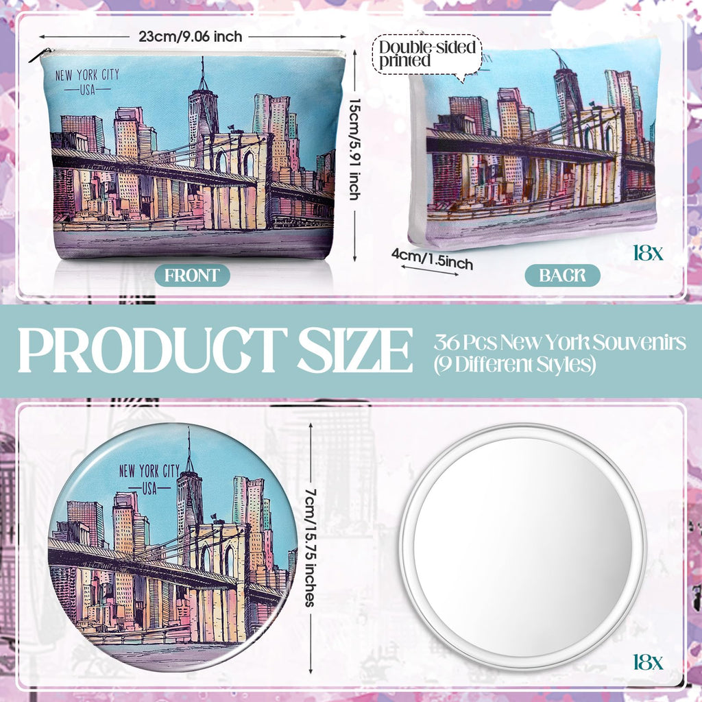 Bulyoou 36 Set New York Souvenirs Gifts Include 36 Pcs City Cosmetic Bag Bulk New York Makeup Bag 36 Pcs NYC Souvenirs Makeup Mirrors for Girl Women Traveler Birthday Valentine Party Favors