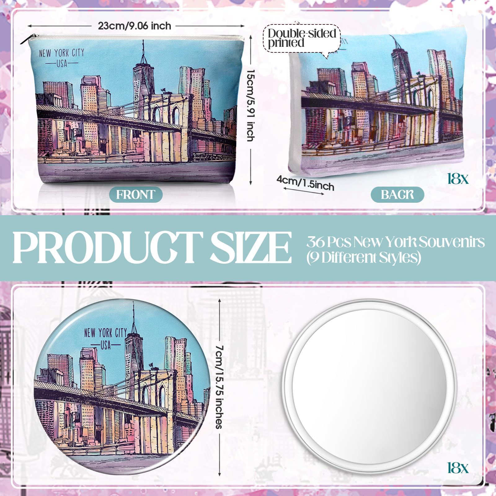 Bulyoou 36 Set New York Souvenirs Gifts Include 36 Pcs City Cosmetic Bag Bulk New York Makeup Bag 36 Pcs NYC Souvenirs Makeup Mirrors for Girl Women Traveler Birthday Valentine Party Favors