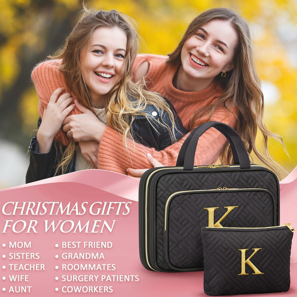 Gifts for Women - Initial Toiletry Bag & Makeup Bag Hanging Travel Organizer Cosmetic Bag with Embroidery Letter Personalized Birthday Valentines Day Gift for Mom Sister Teacher Her Wife Friend Auntie