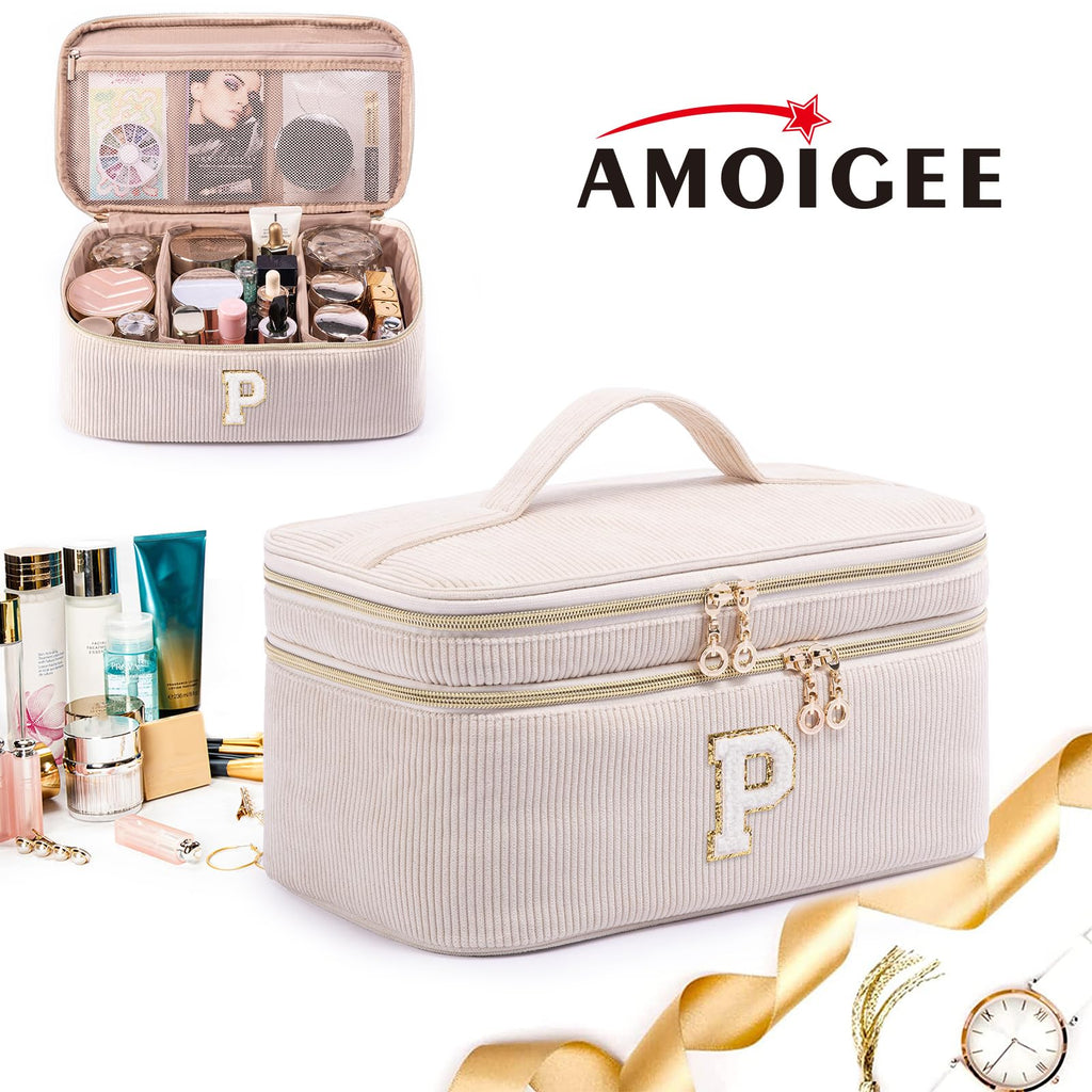 AMOIGEE Initial Makeup Bag Organizer,Personalized Double Layer Train Case, Travel Toiletry Bag for Makeup Brushes for Teens Girl, Skincare Gift Set, Initial Cute Cosmetic Make Up Bag for Women