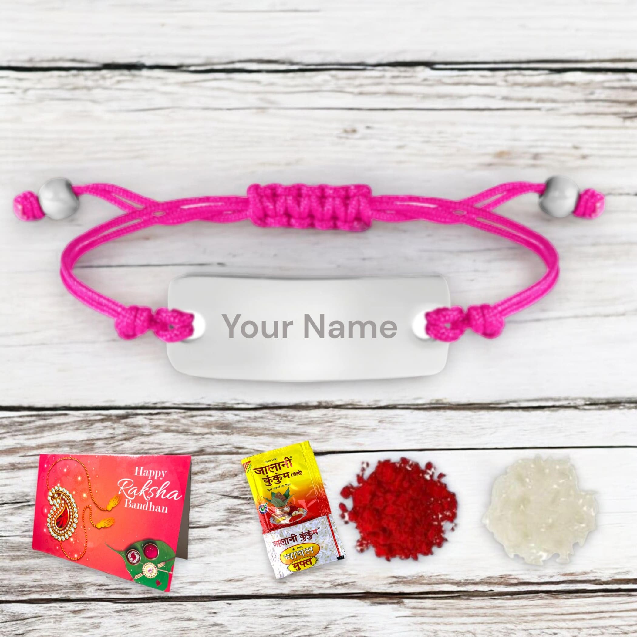 LoveNspire Personalized Stainless Steel Rakhi for Brother Custom Engraved Names Bracelet for Bhai - Raksha Bandhan Customizable Bracelets - Thread Rakhi Gift Hamper with Roli Chawal Greeting Card