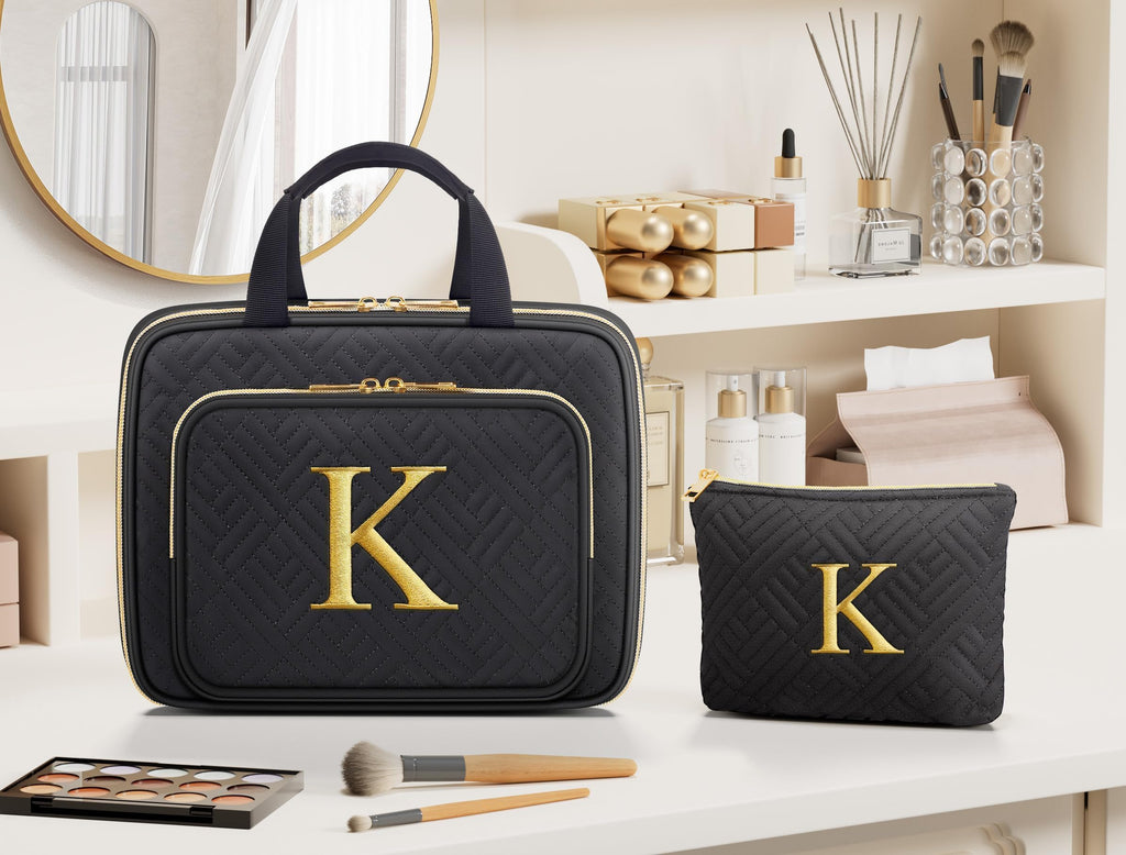 Gifts for Women - Initial Toiletry Bag & Makeup Bag Hanging Travel Organizer Cosmetic Bag with Embroidery Letter Personalized Birthday Valentines Day Gift for Mom Sister Teacher Her Wife Friend Auntie