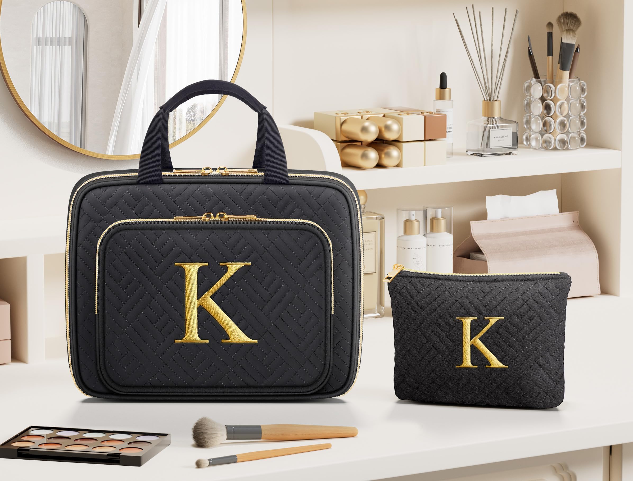 Gifts for Women - Initial Toiletry Bag & Makeup Bag Hanging Travel Organizer Cosmetic Bag with Embroidery Letter Personalized Birthday Valentines Day Gift for Mom Sister Teacher Her Wife Friend Auntie