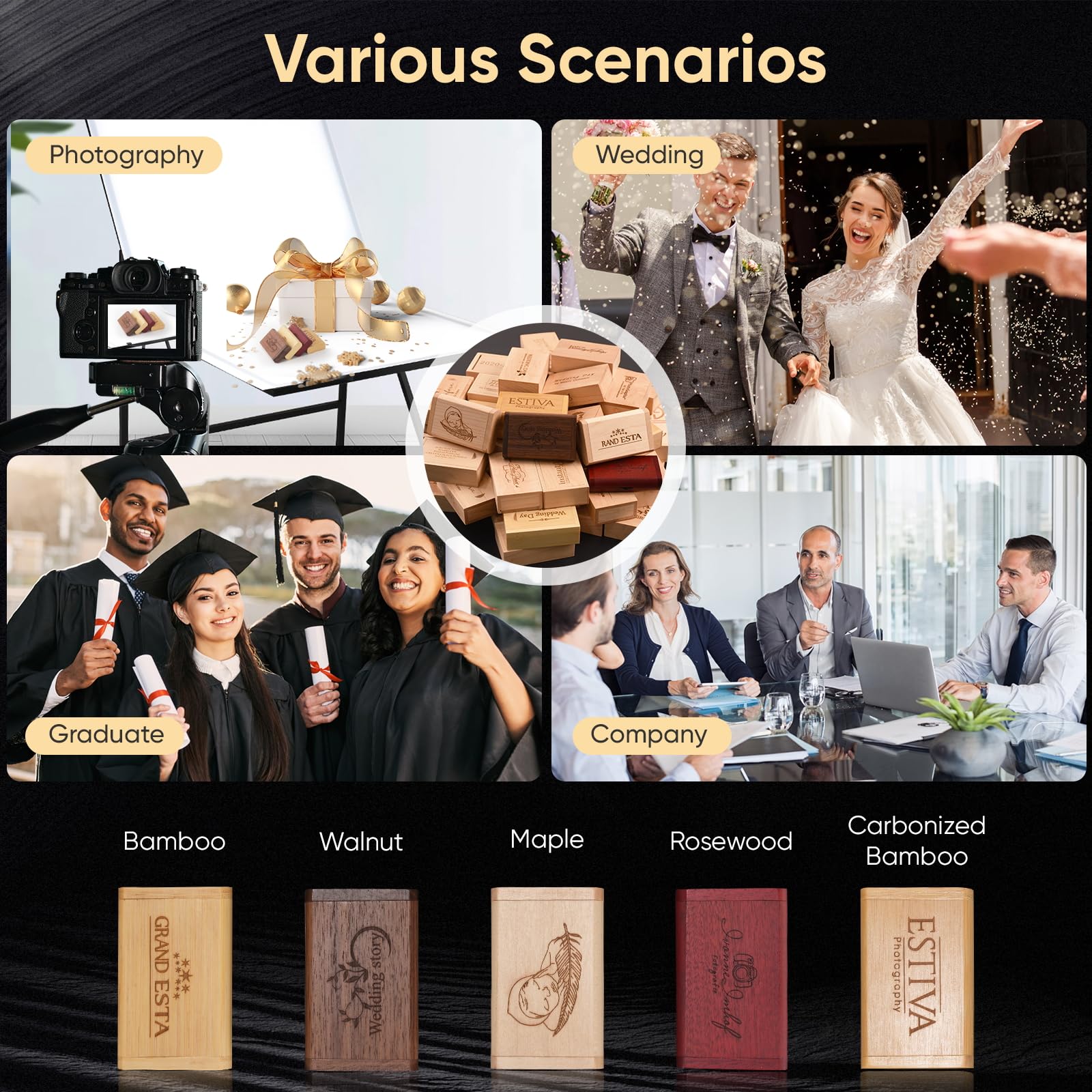 Custom Your Wedding USB 3.0 Flash Drive for Storing Photo/Video, 4GB Wooden High-Speed USB Thumb Drive Used in Photography/Corporate Giveaways - Carved Personalized Words or Logo