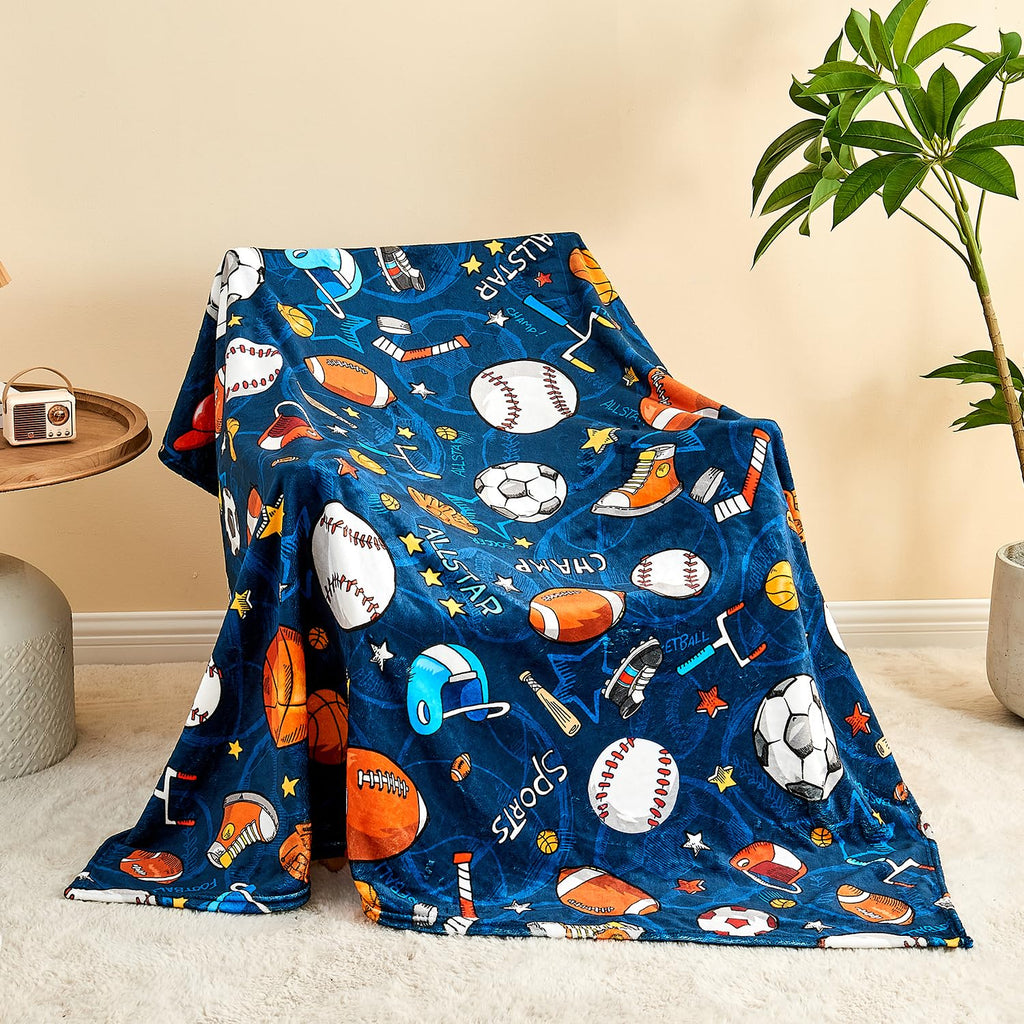 Wajade Sports Blanket for Boys,Soft Fleece 3D Soccer Basketball Baseball Football Kids Blanket for Couch Sofa Bedroom, Fuzzy Blanket and Throws Ball Blanket for Kids Boys Teens,50"x60"