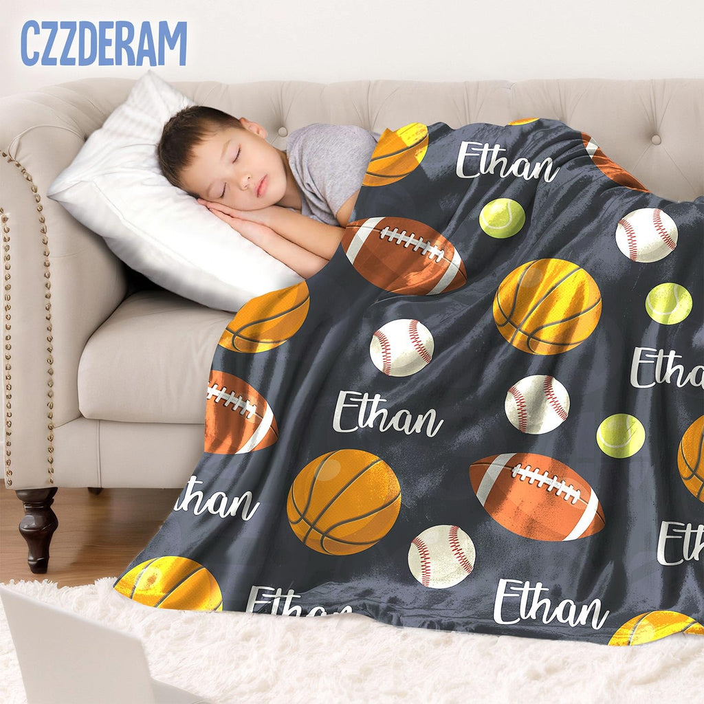CZZDERAM Baby Boy Personalized Blanket Sports,Customized Sport Baby Blanket with Name,Ball Toddler Blanket,Customezed Birthday for Girl Boy Teens, Baby Shower Newborn Gifts