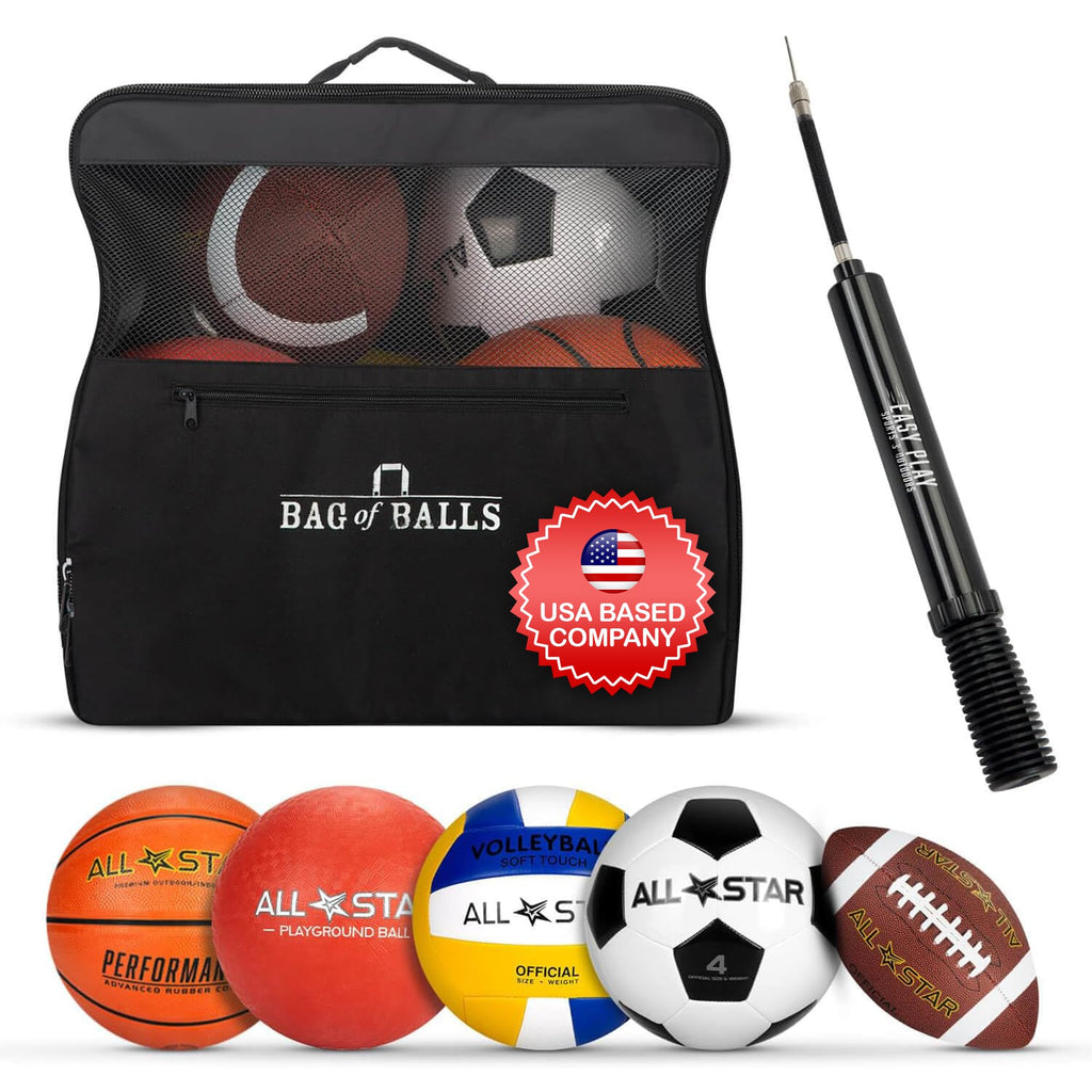 Easy Play Sports and Outdoors - Complete Sports Balls w/Bag, Pump for Boys - Kickball, Volleyball, Soccer Ball, Football, Basketball - Outdoor Play
