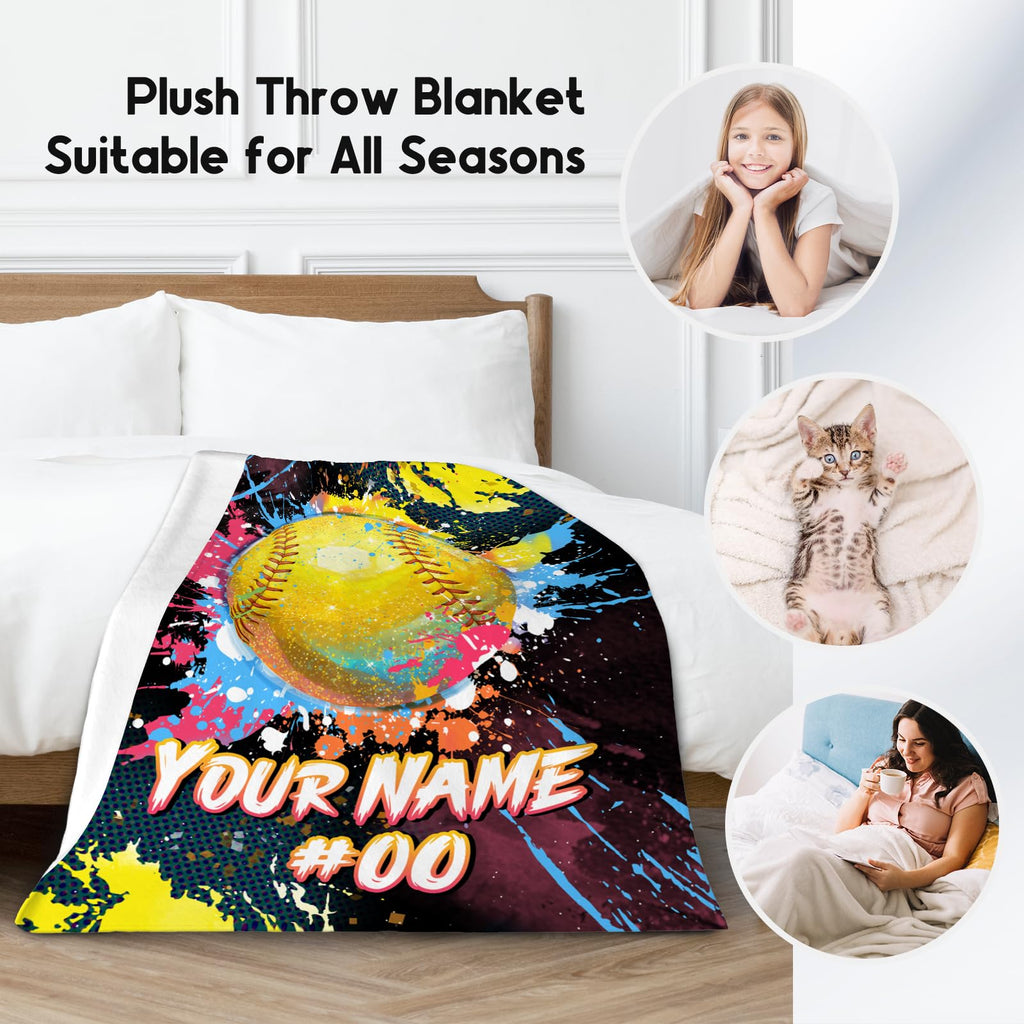 Personalized Softball Blanket - Soft Fuzzy Sports Throw Blankets for Girls Women - Custom Softball Theme Gifts for Softball Players - 50x60 Inches Large Flannel Blanket for Sofa Couch