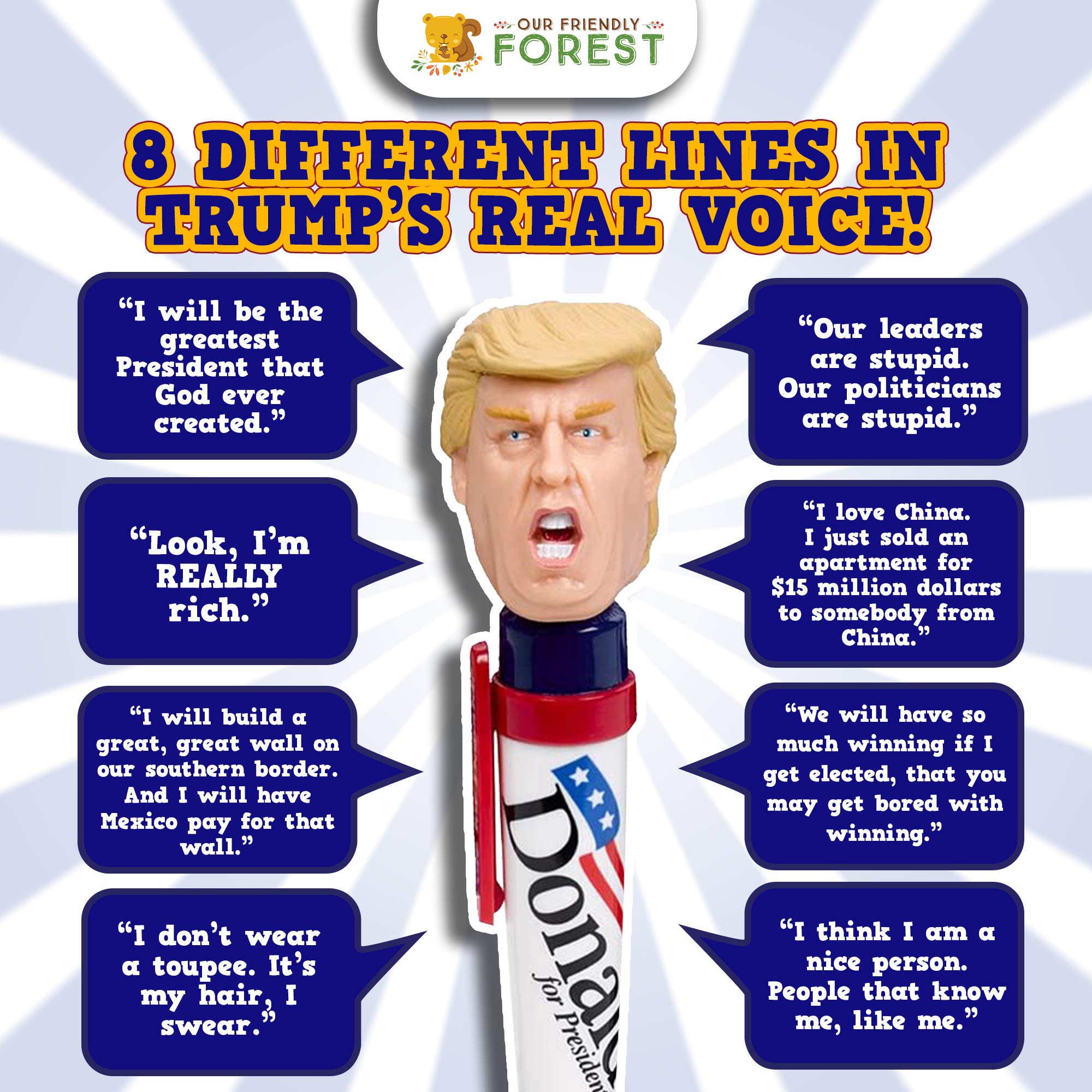 OUR FRIENDLY FOREST Talking Donald Trump Pen - Collectible Edition - Multiple Authentic Voice Recordings - Patriotic Desktop Memorabilia, Republican Present for Fathers