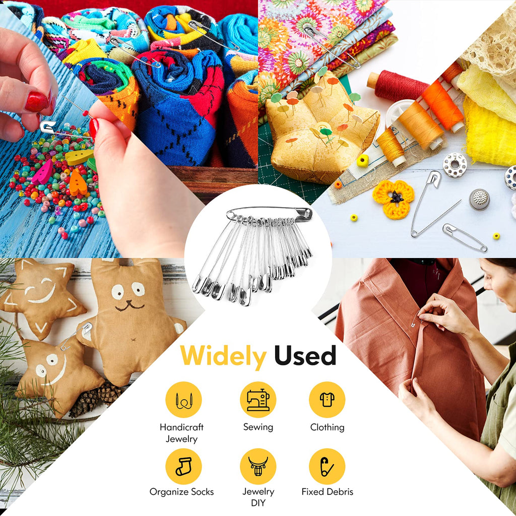 Huhuhero 340 Pack Safety Pins Assorted, 5 Different Sizes Small and Large Pins, Safety Pin for Clothes Costume Sewing, Nickel Plated Steel Bulk, Arts and Crafts Supplies, Silver