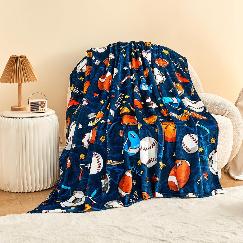 Wajade Sports Blanket for Boys,Soft Fleece 3D Soccer Basketball Baseball Football Kids Blanket for Couch Sofa Bedroom, Fuzzy Blanket and Throws Ball Blanket for Kids Boys Teens,50"x60"